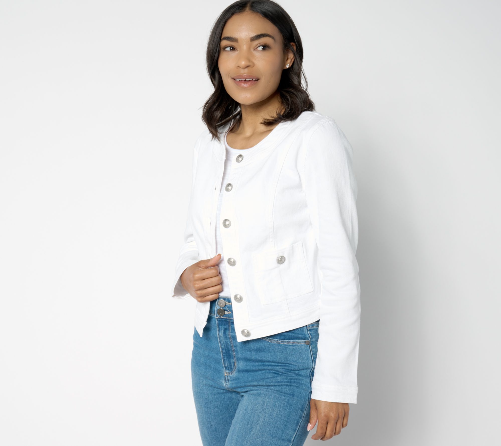 "As Is" Susan Graver White Stretch Denim Collarless Jacket