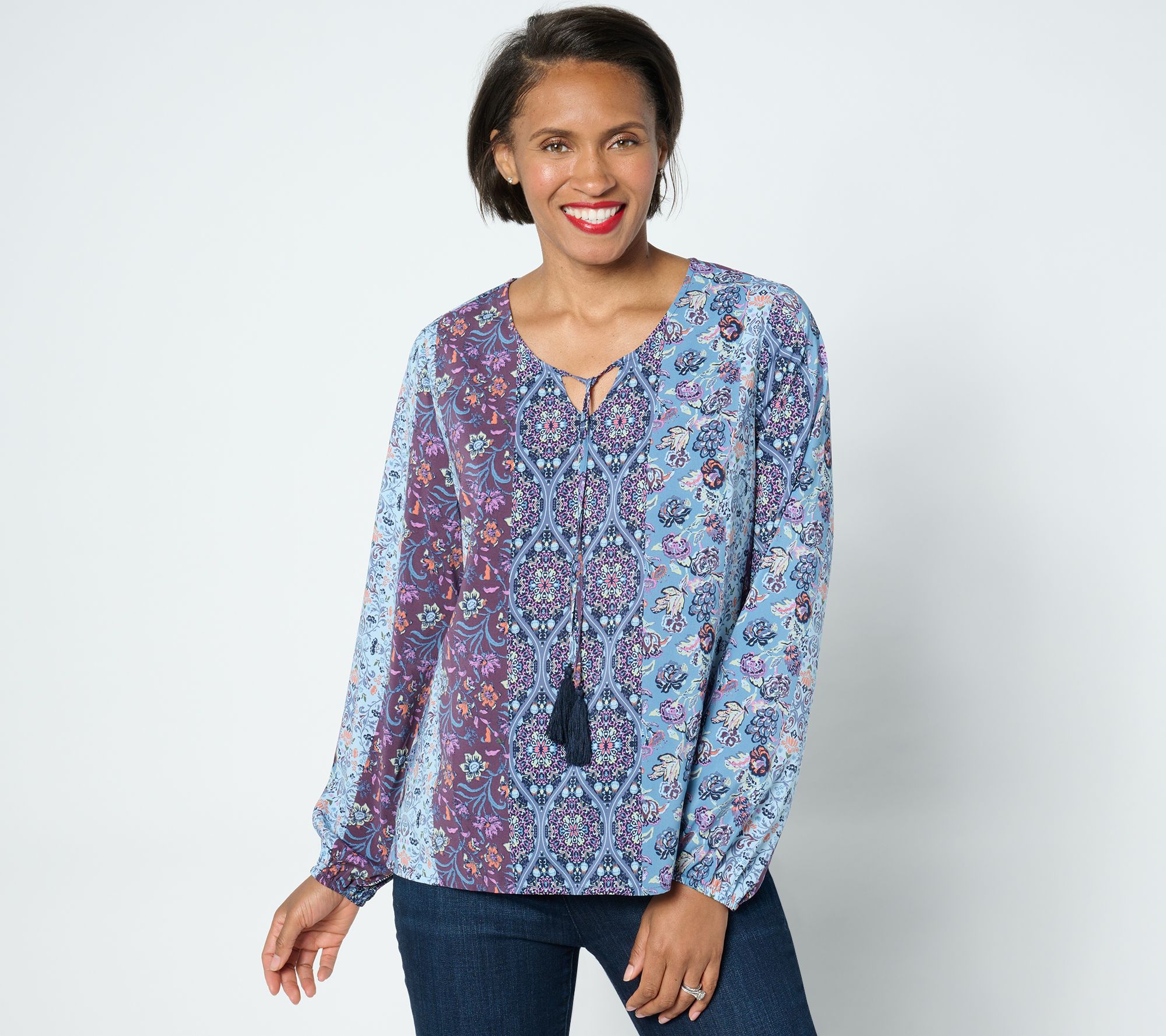 "As Is" Denim & Co. Printed Long Sleeve Swing Top with Tassel