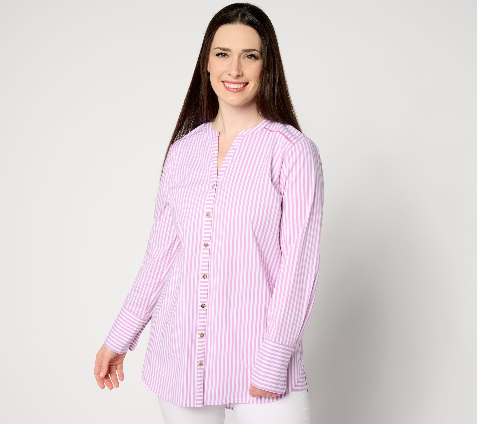 "As Is" Isaac Mizrahi Live! Petite Yarn Dye Stripe Button Front Tunic