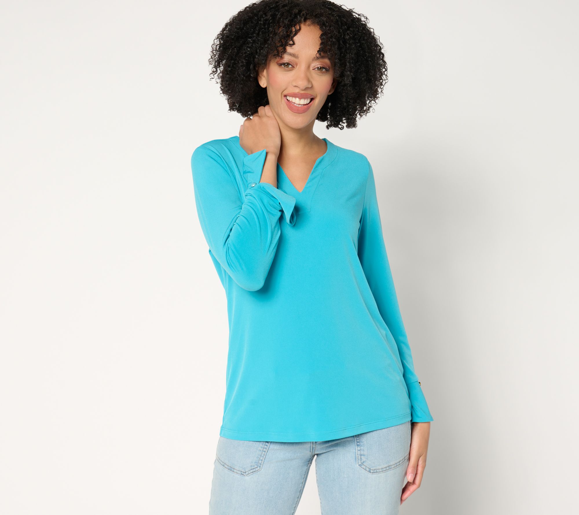 Susan Graver Liquid Knit Split Neck Top with Flounce Sleeve
