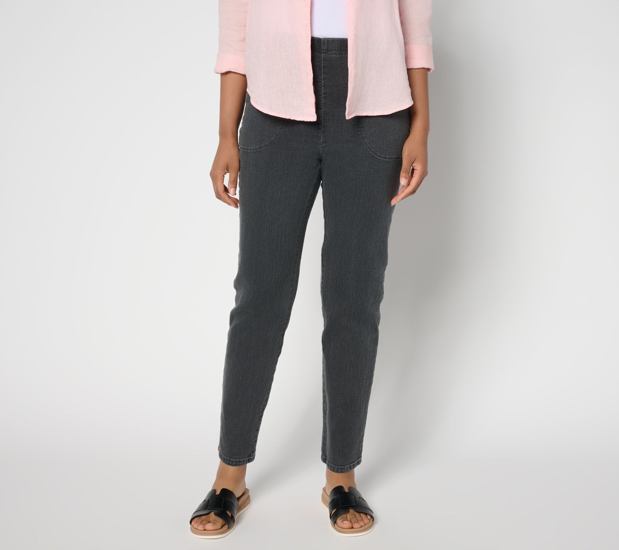 Denim & Co. Regular Black Flat Front Denim Side Pocket Pant