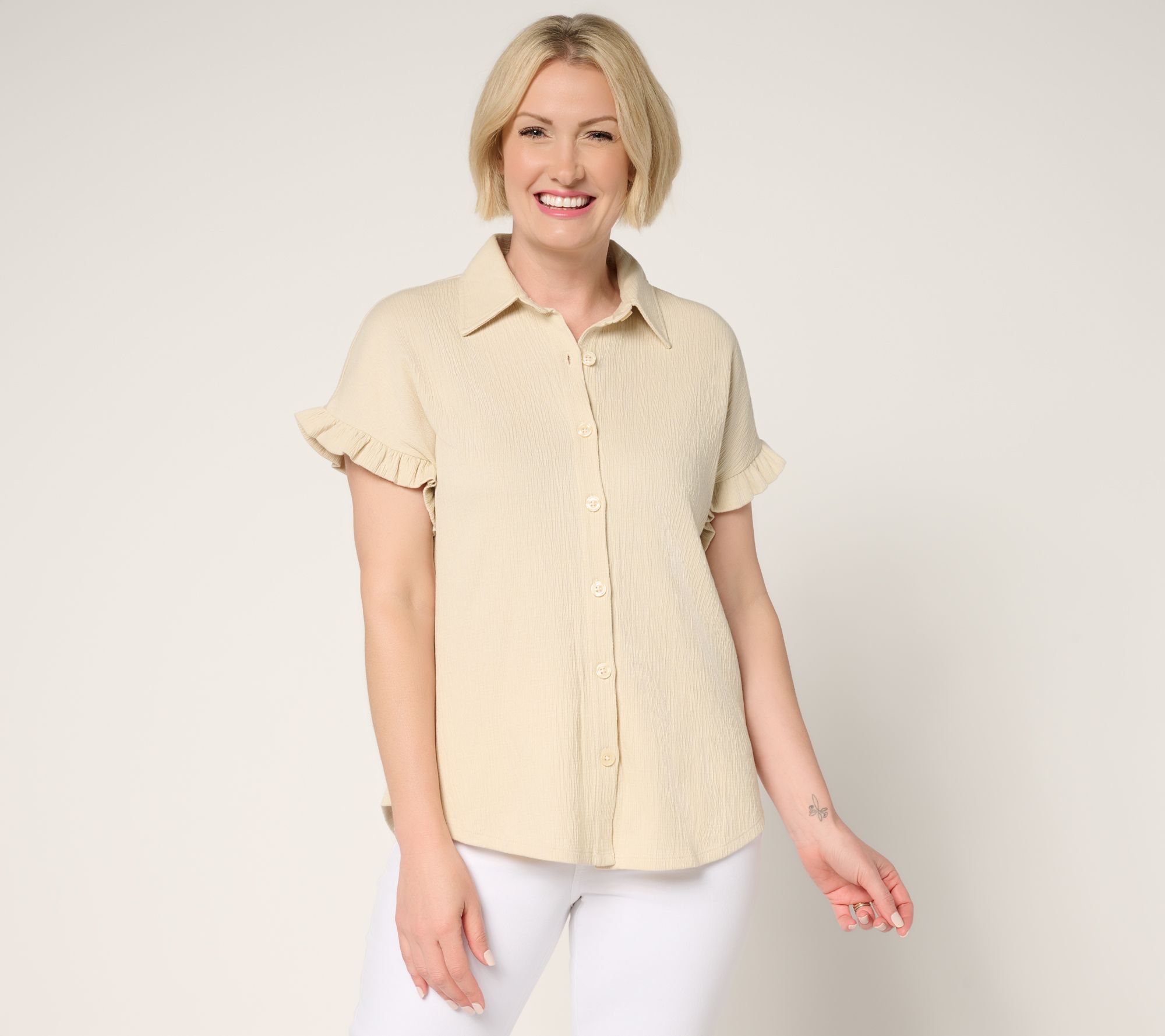 Belle by Kim Gravel Packabelle Ruffle Sleeve Button Up Shirt