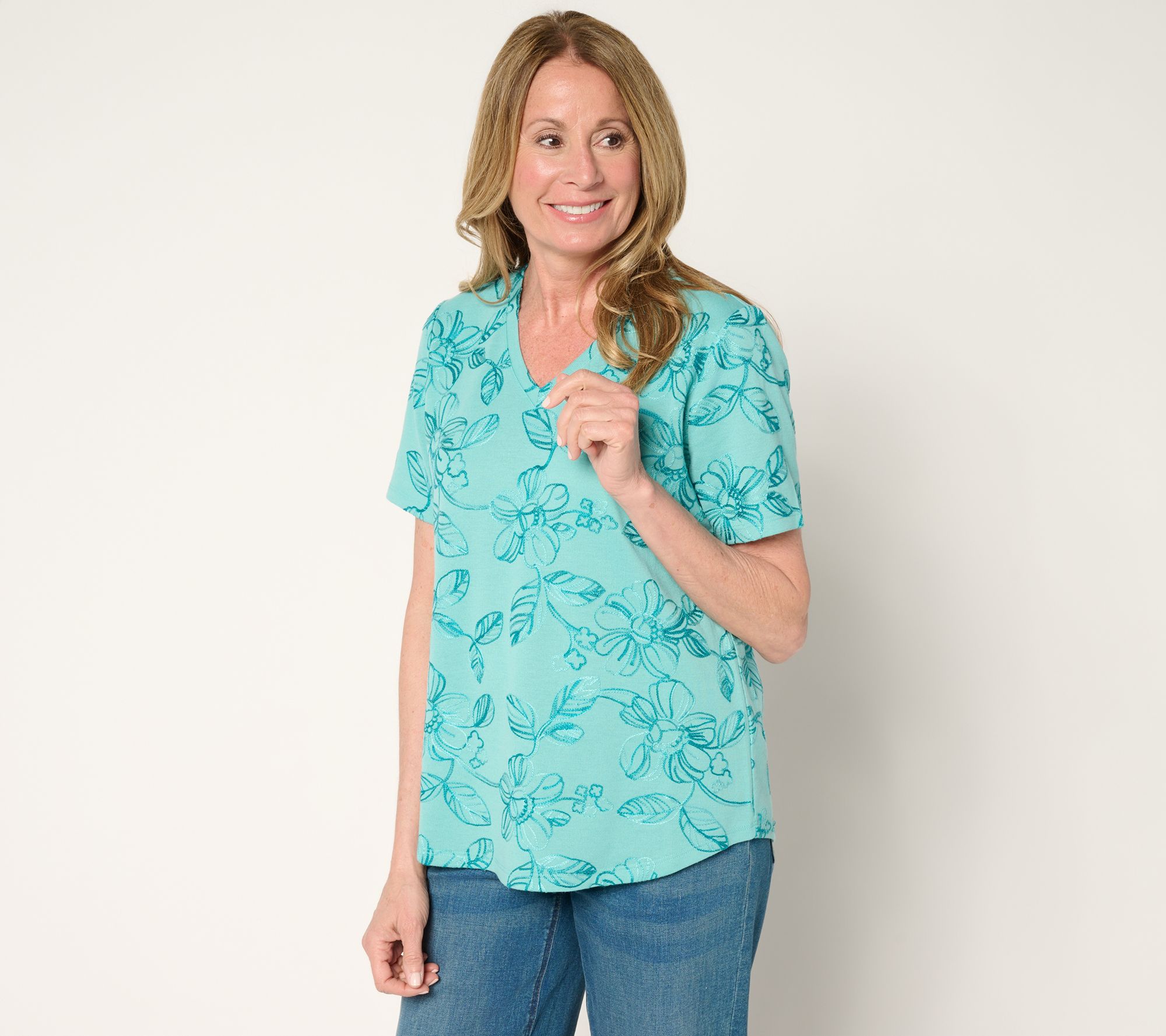 Denim & Co. Ombre Embroidered Short Sleeve V-Neck Top