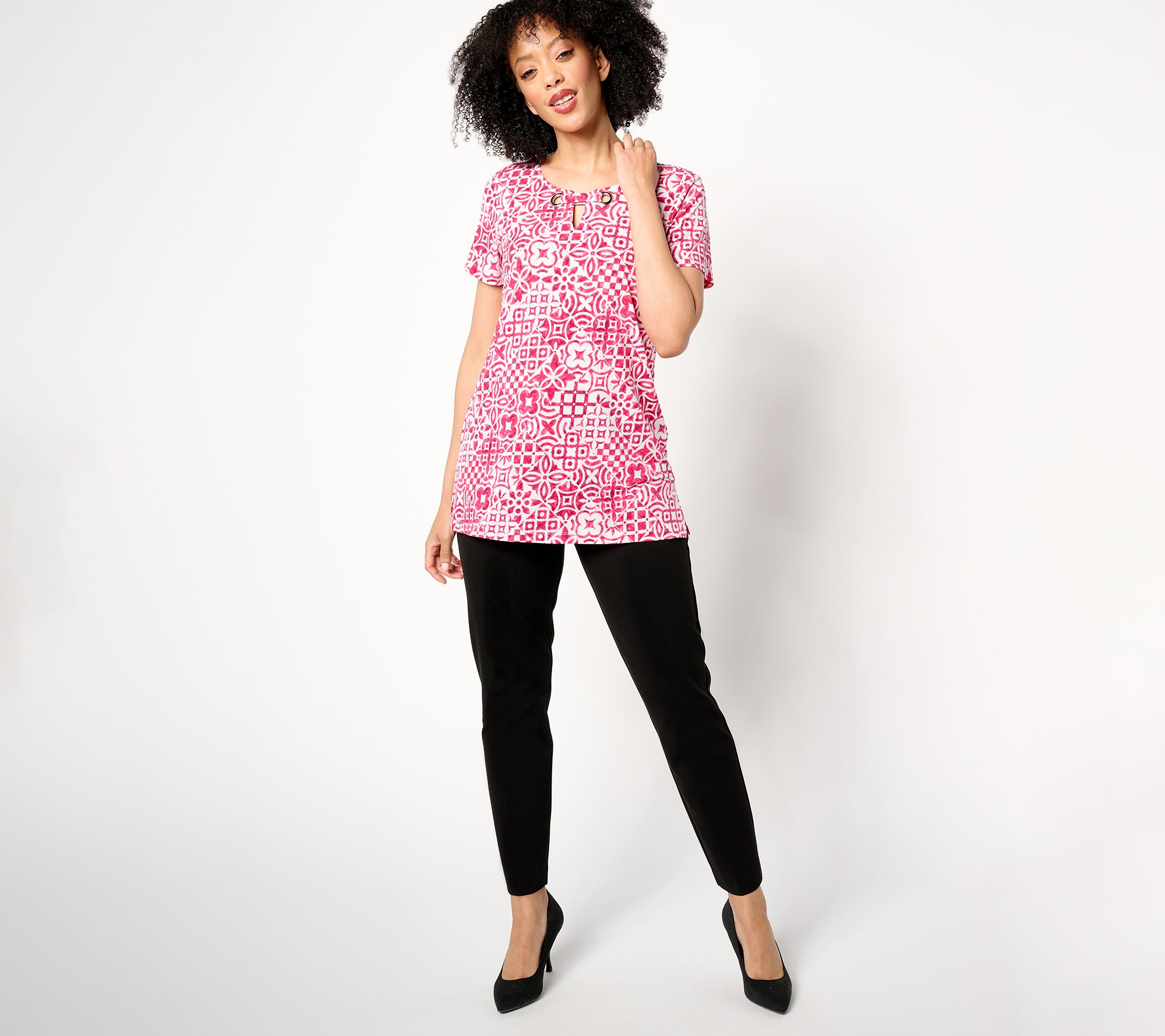 Susan Graver Printed Liquid Knit Tunic with Grommet Detail | QVC
