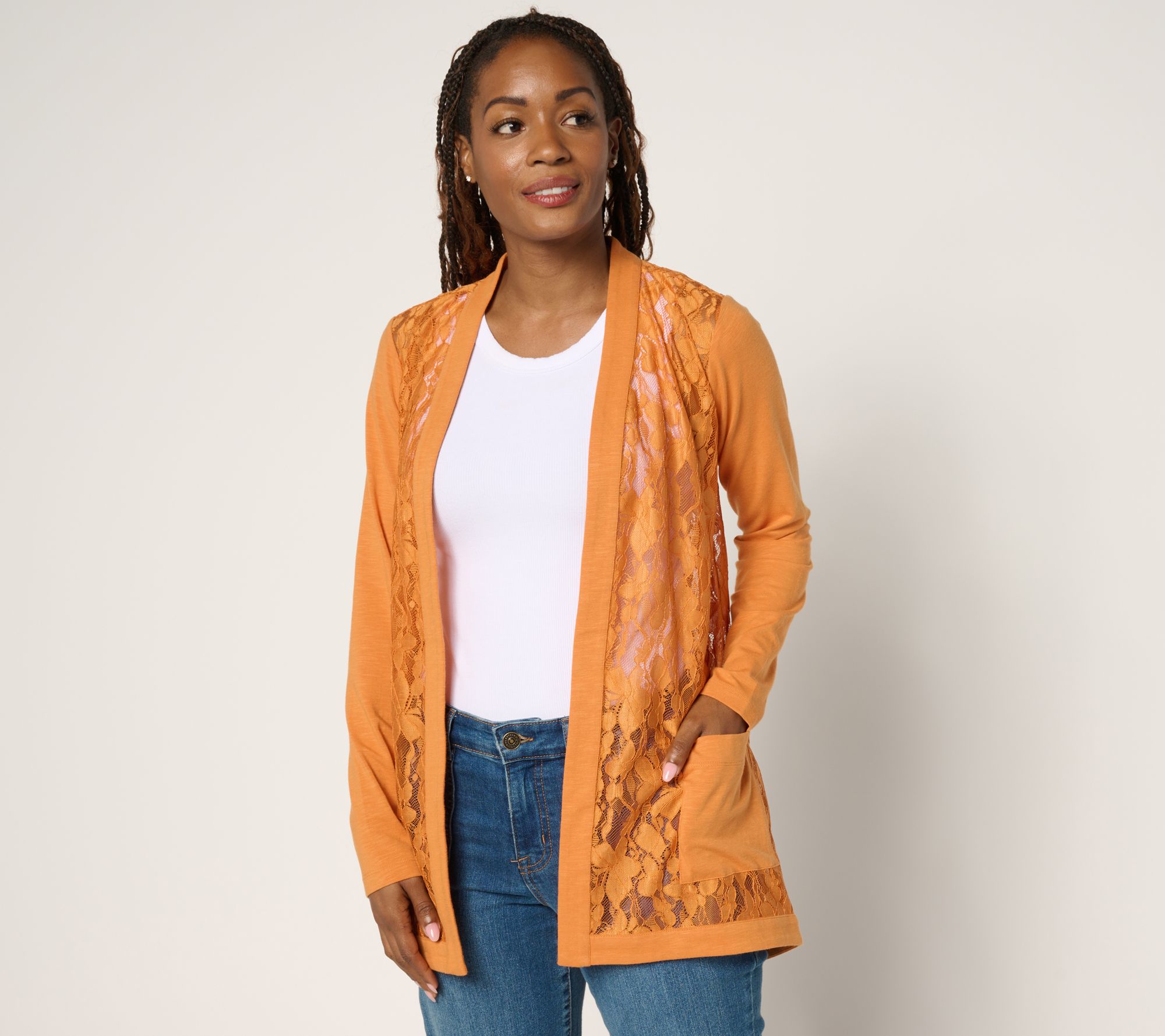 LOGO by Lori Goldstein Lace and Knit Open Front Cardigan