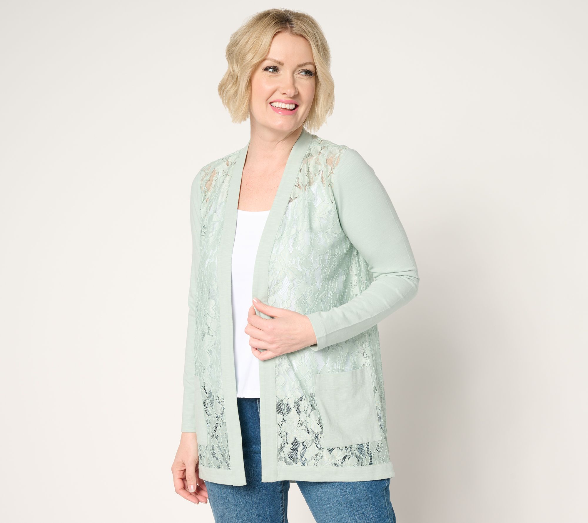 LOGO by Lori Goldstein Lace and Knit Open Front Cardigan