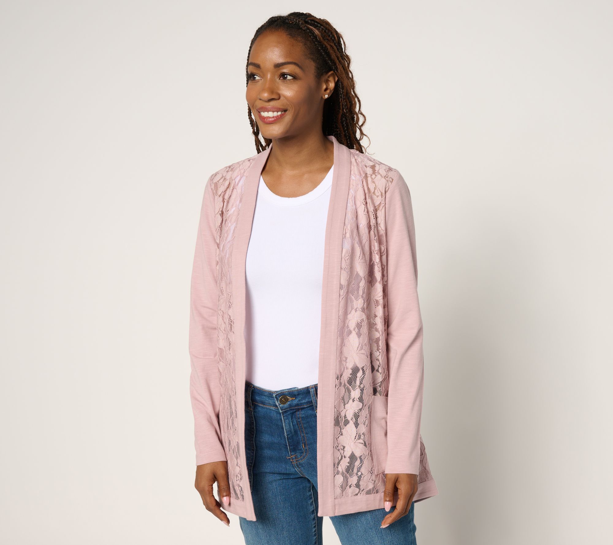 LOGO by Lori Goldstein Lace and Knit Open Front Cardigan