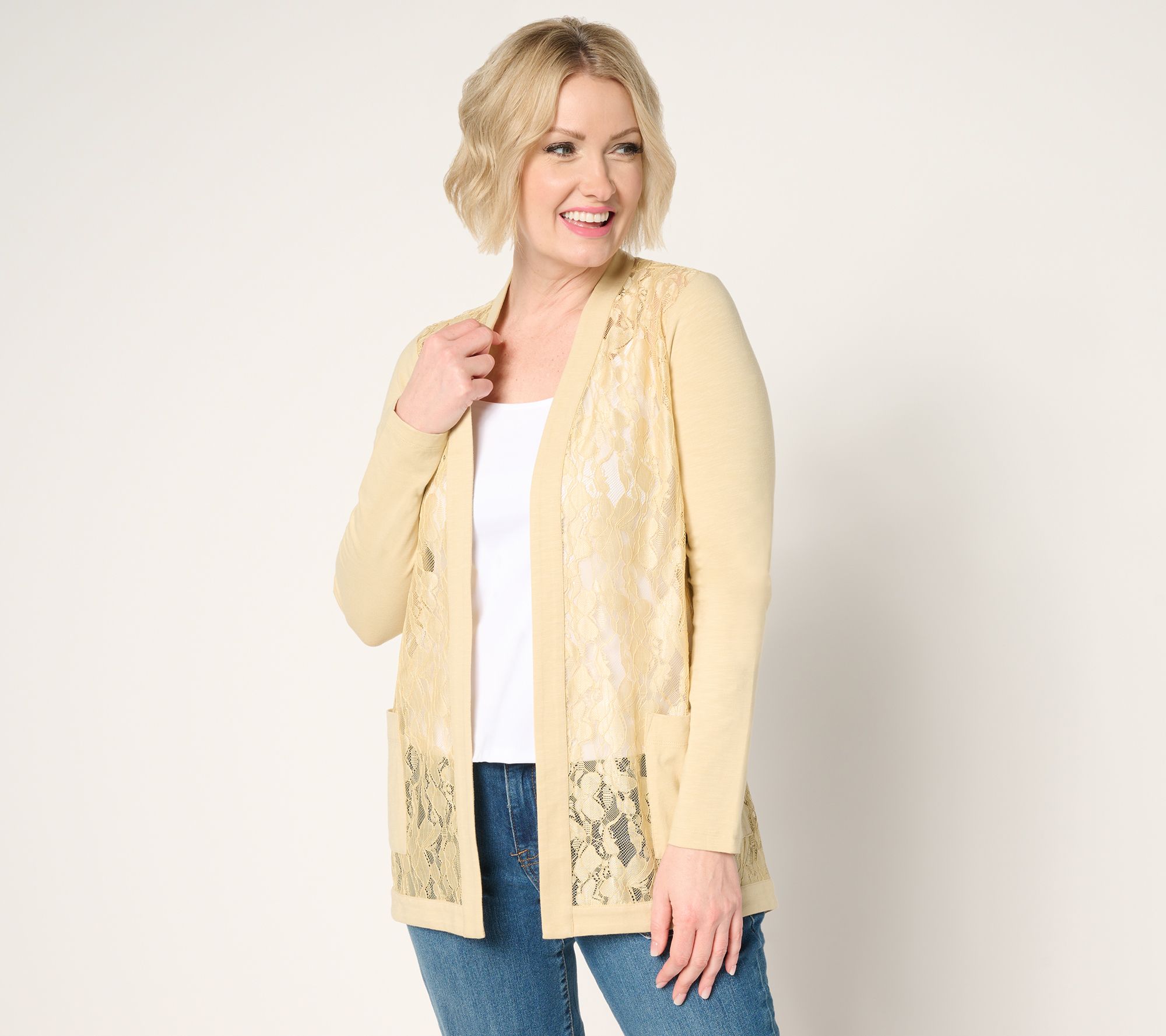 LOGO by Lori Goldstein Lace and Knit Open Front Cardigan