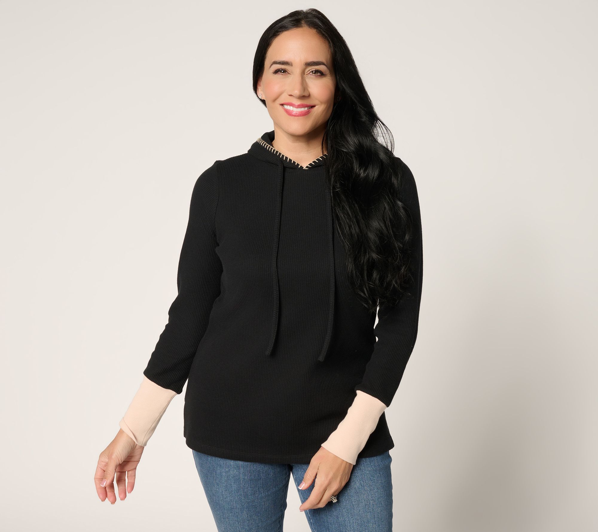 Belle by Kim Gravel Micro Waffle Pop Color Cuffed Hoodie