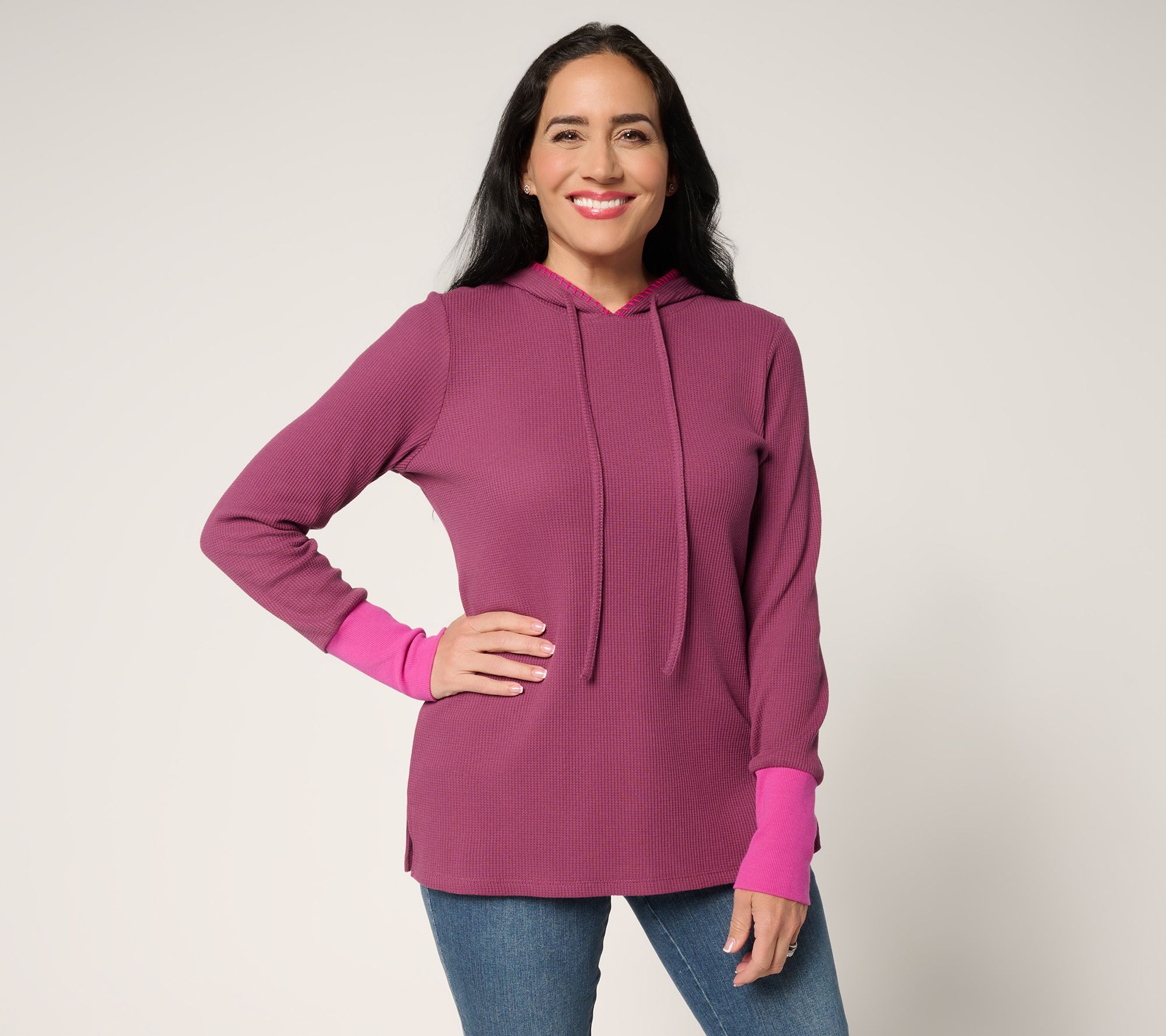 Belle by Kim Gravel Micro Waffle Pop Color Cuffed Hoodie