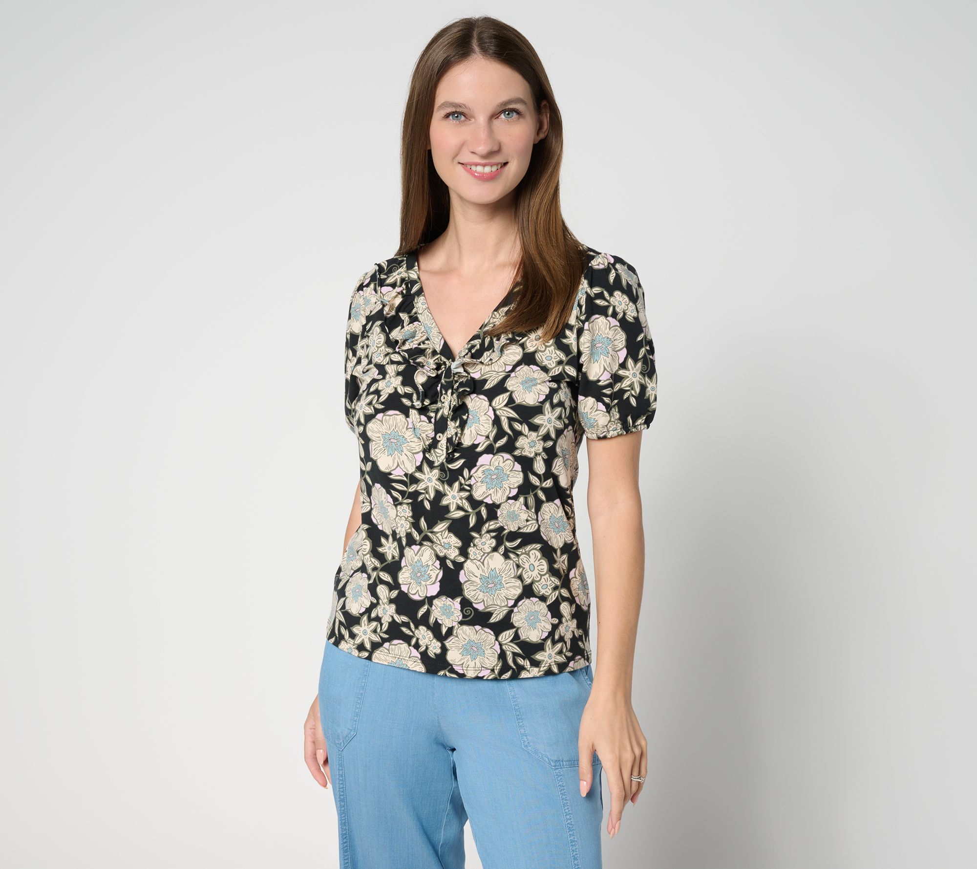 AnyBody Cozy Knit Printed Ruffle Front Top