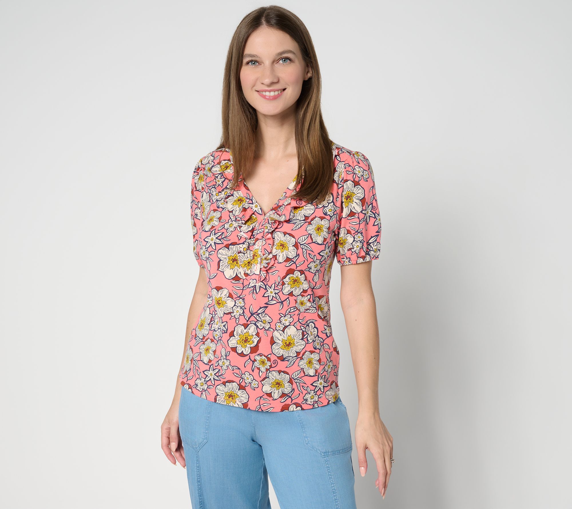 AnyBody Cozy Knit Printed Ruffle Front Top