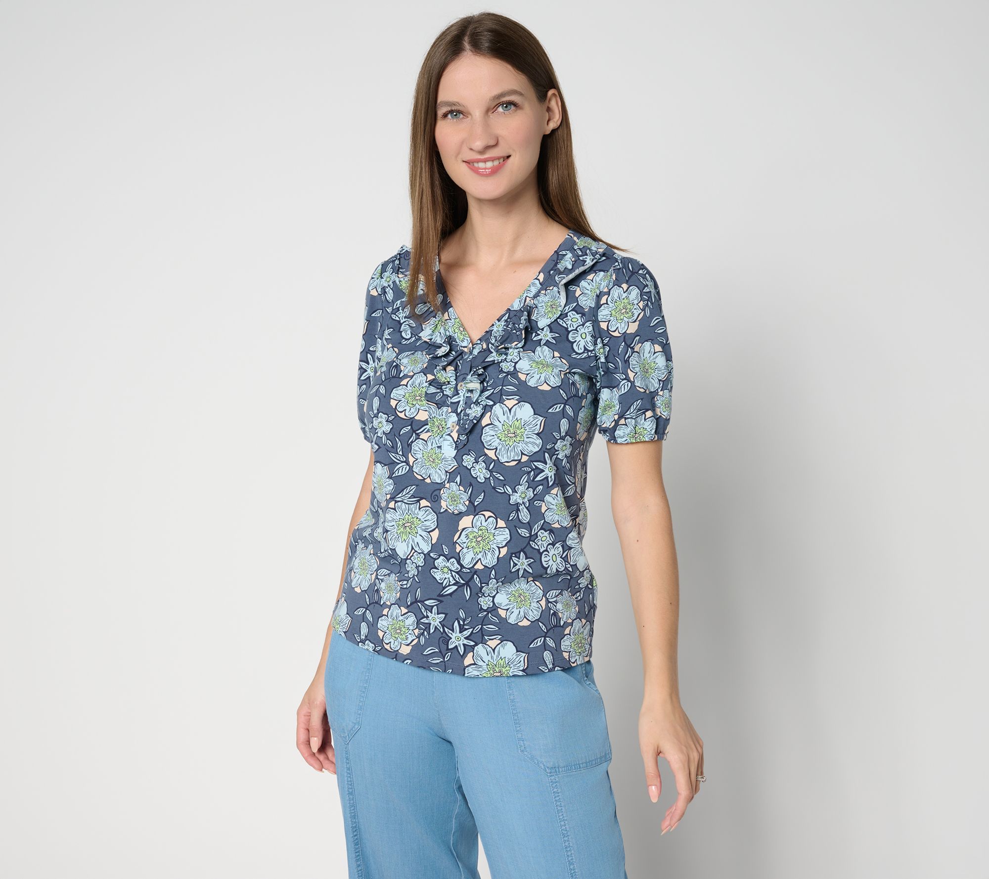 AnyBody Cozy Knit Printed Ruffle Front Top