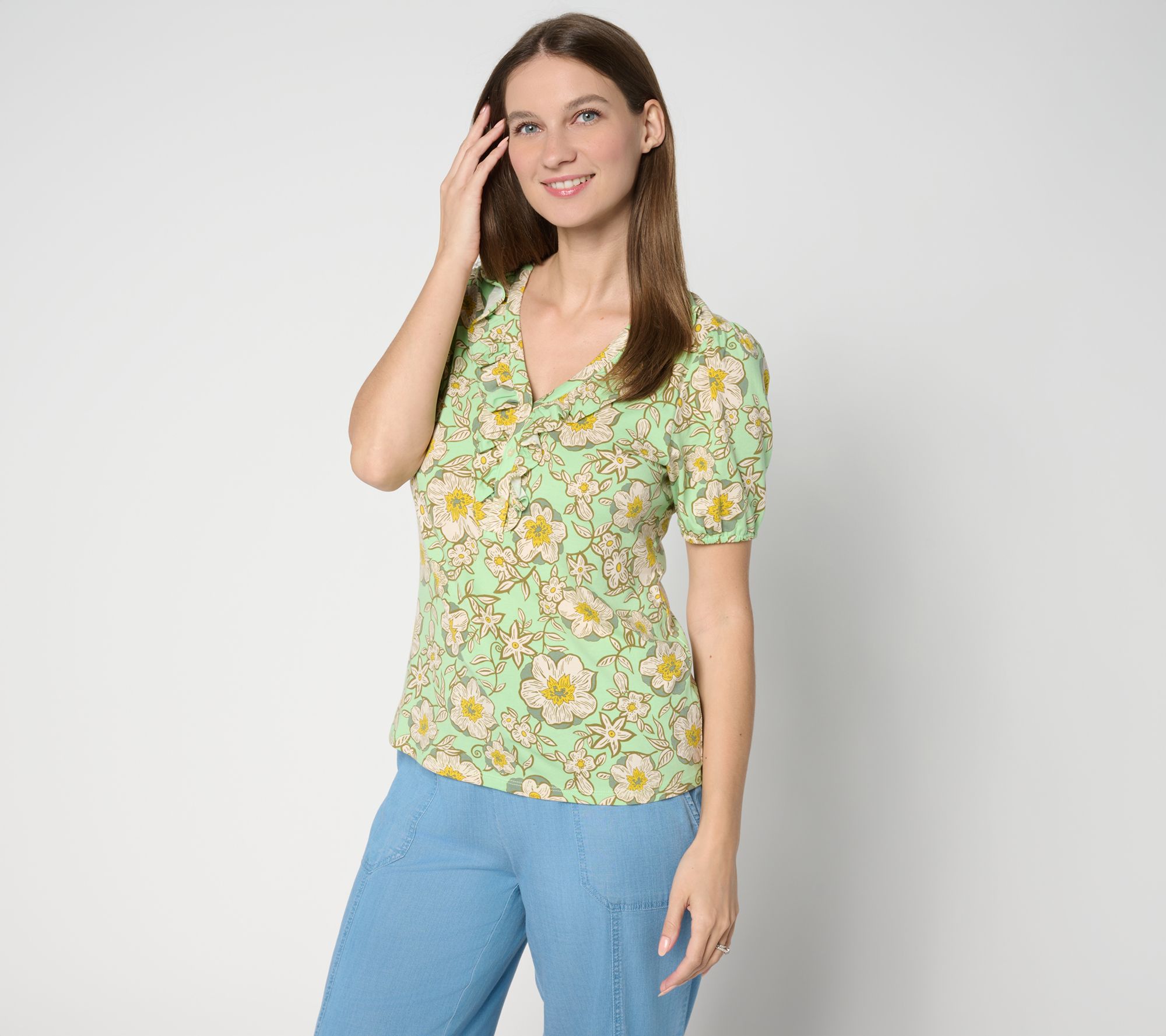 AnyBody Cozy Knit Printed Ruffle Front Top