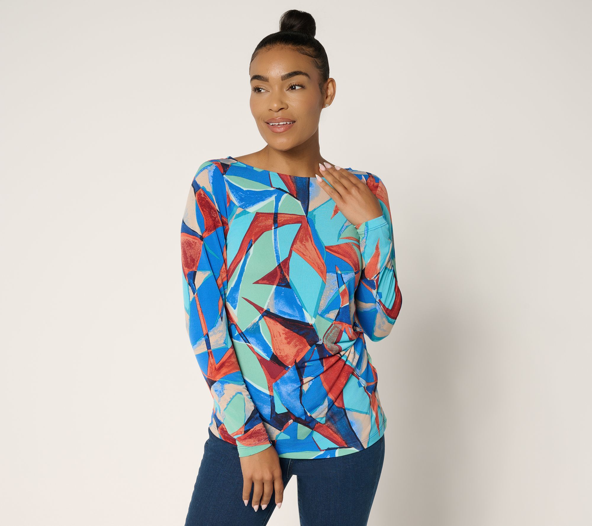 Susan Graver Printed Liquid Knit Top with Twist Detail
