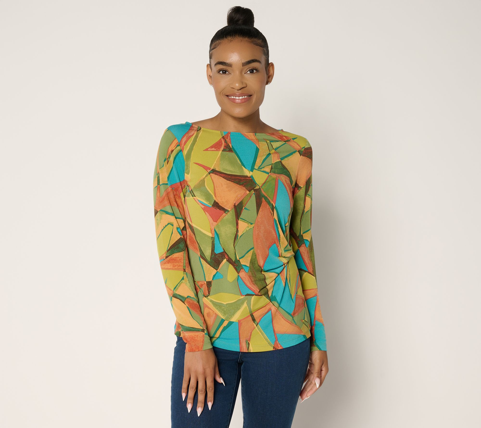 Susan Graver Printed Liquid Knit Top with Twist Detail