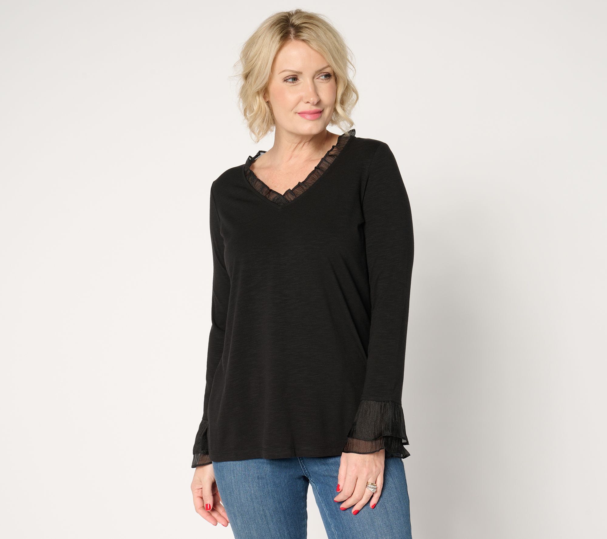 "As Is" Belle by Kim Gravel Slub Knit Double Flutter Sleeve Top
