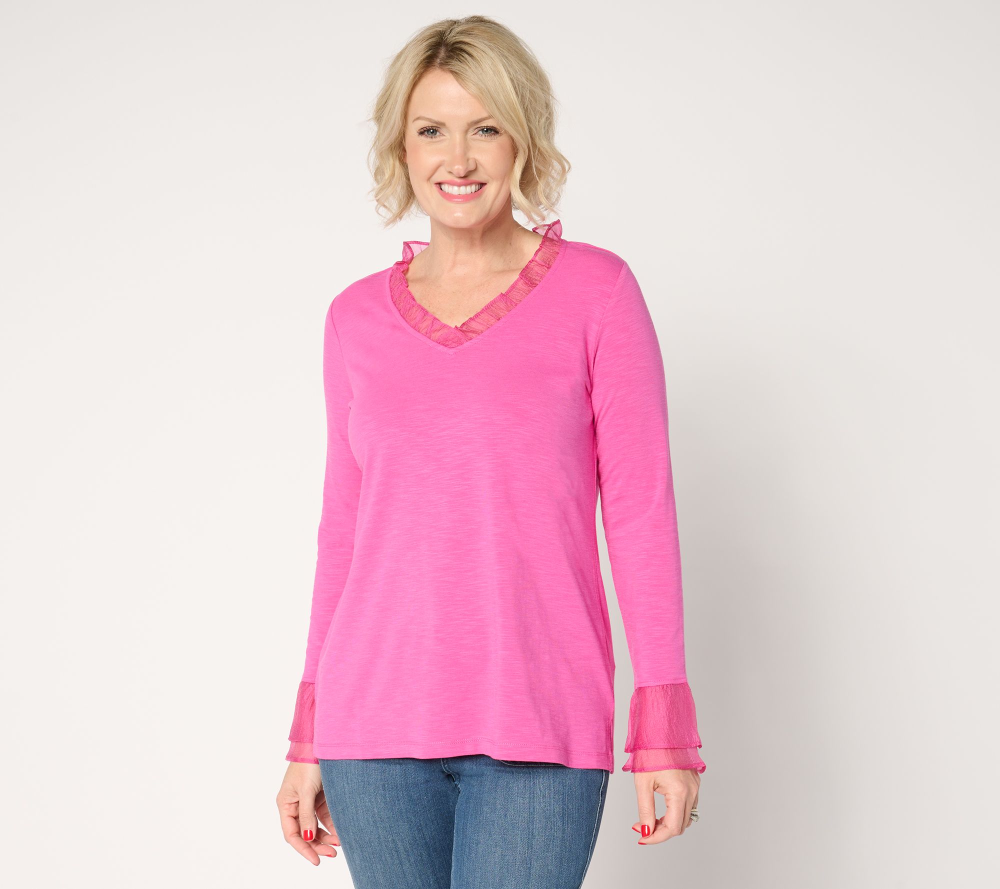 "As Is" Belle by Kim Gravel Slub Knit Double Flutter Sleeve Top