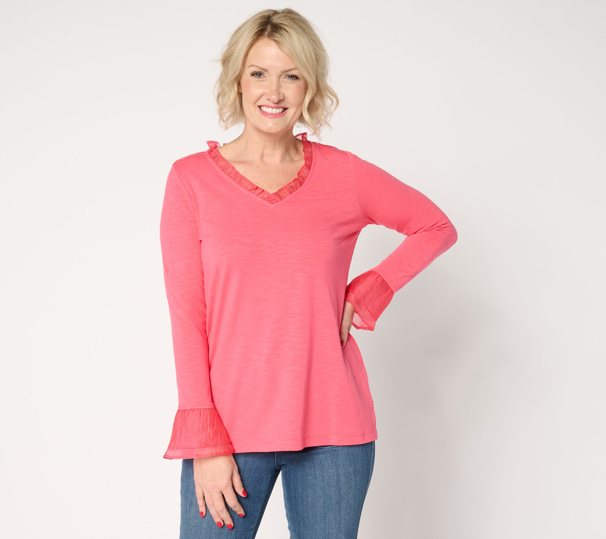 "As Is" Belle by Kim Gravel Slub Knit Double Flutter Sleeve Top