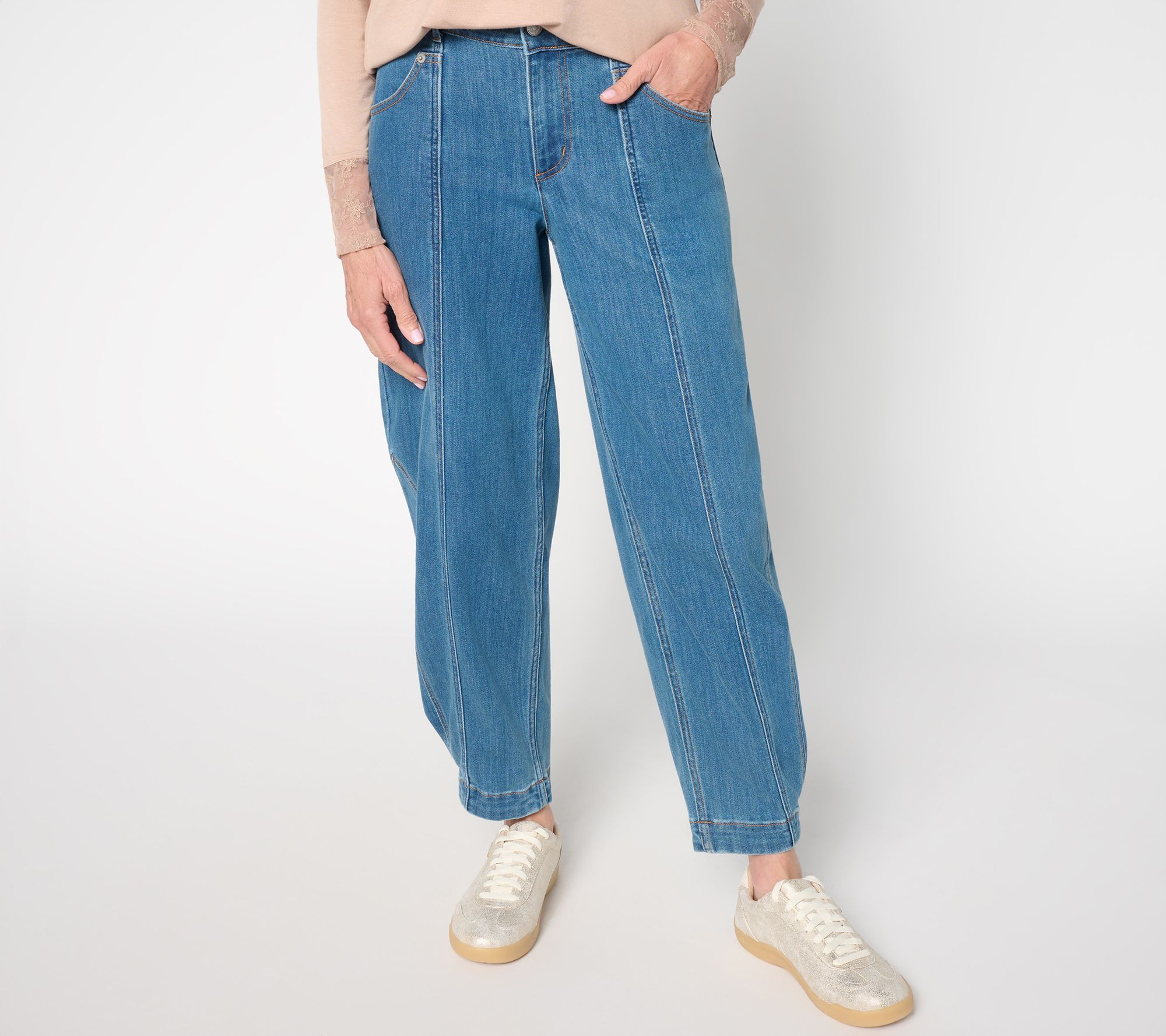 LOGO by Lori Goldstein Petite Indigo WashSeam Barrel Leg Jean