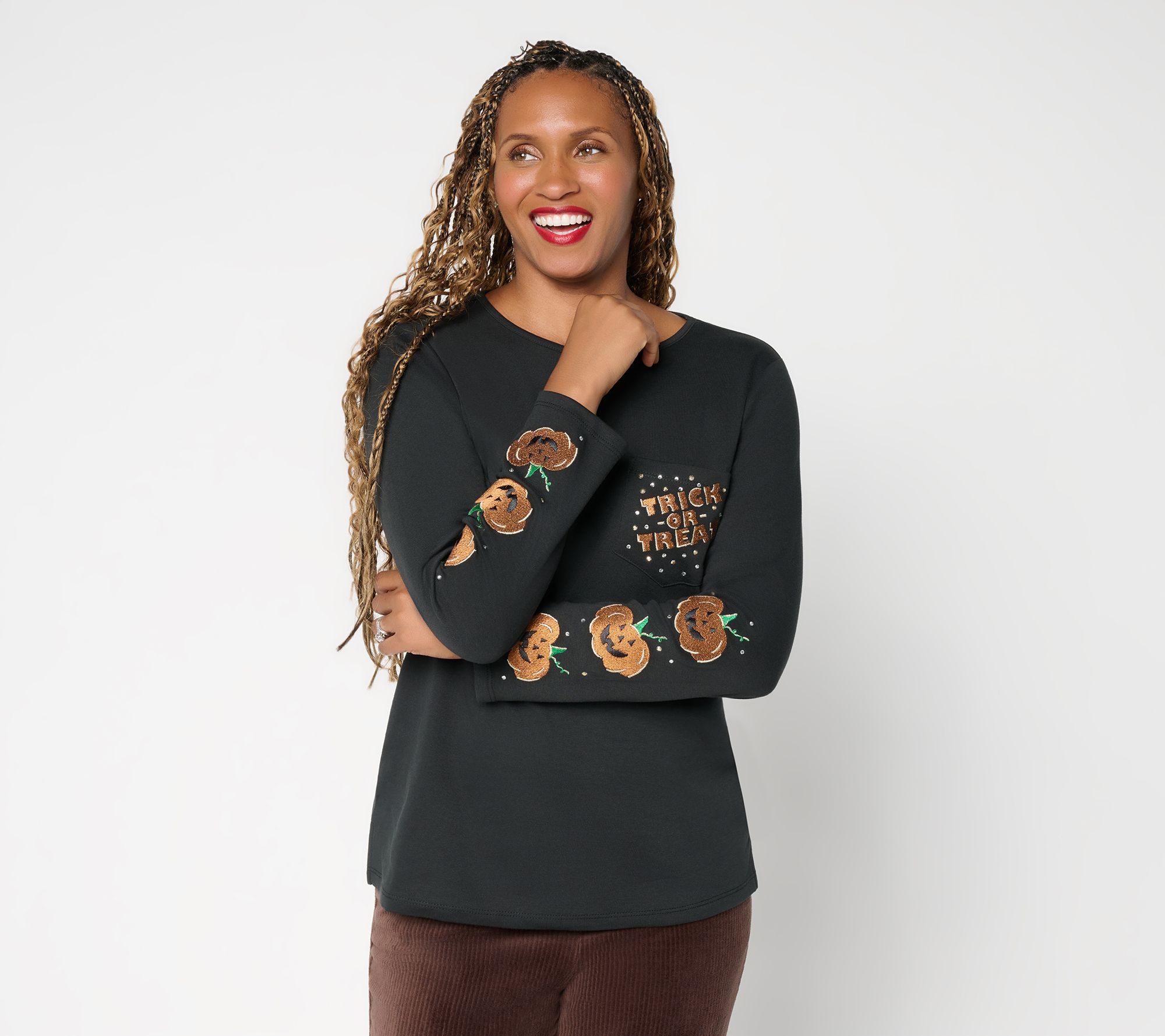 Quacker Factory Jeepers Creepers Long Sleeve Pocket Top