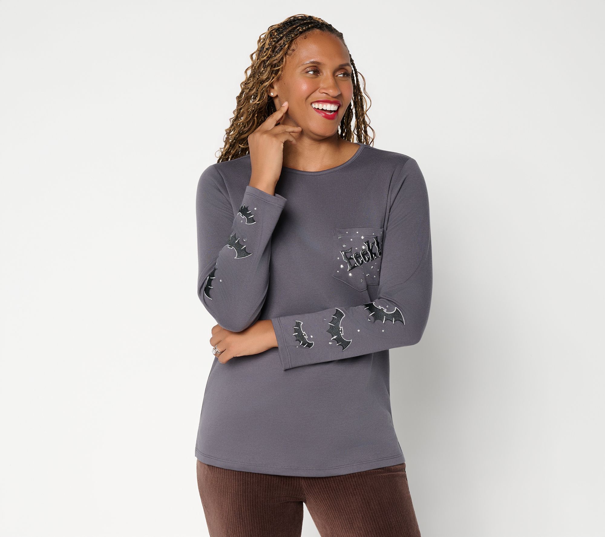 Quacker Factory Jeepers Creepers Long Sleeve Pocket Top