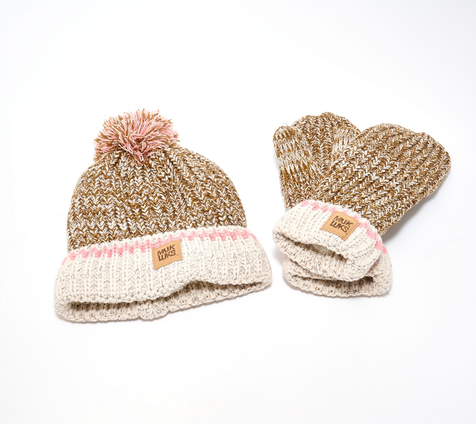 MUK LUKS Hint of Sparkle Chunky Rib Knit Pom Pom Hat & Mitten Set