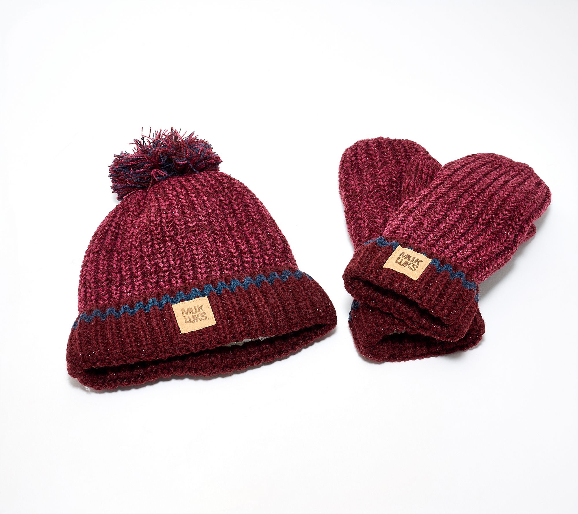 MUK LUKS Hint of Sparkle Chunky Rib Knit Pom Pom Hat & Mitten Set