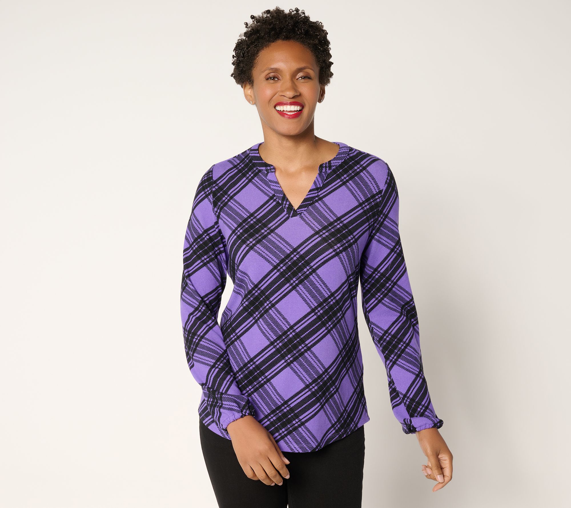 Denim & Co. Plaid Heavenly Jersey Split V-Neck Long Sleeve Top