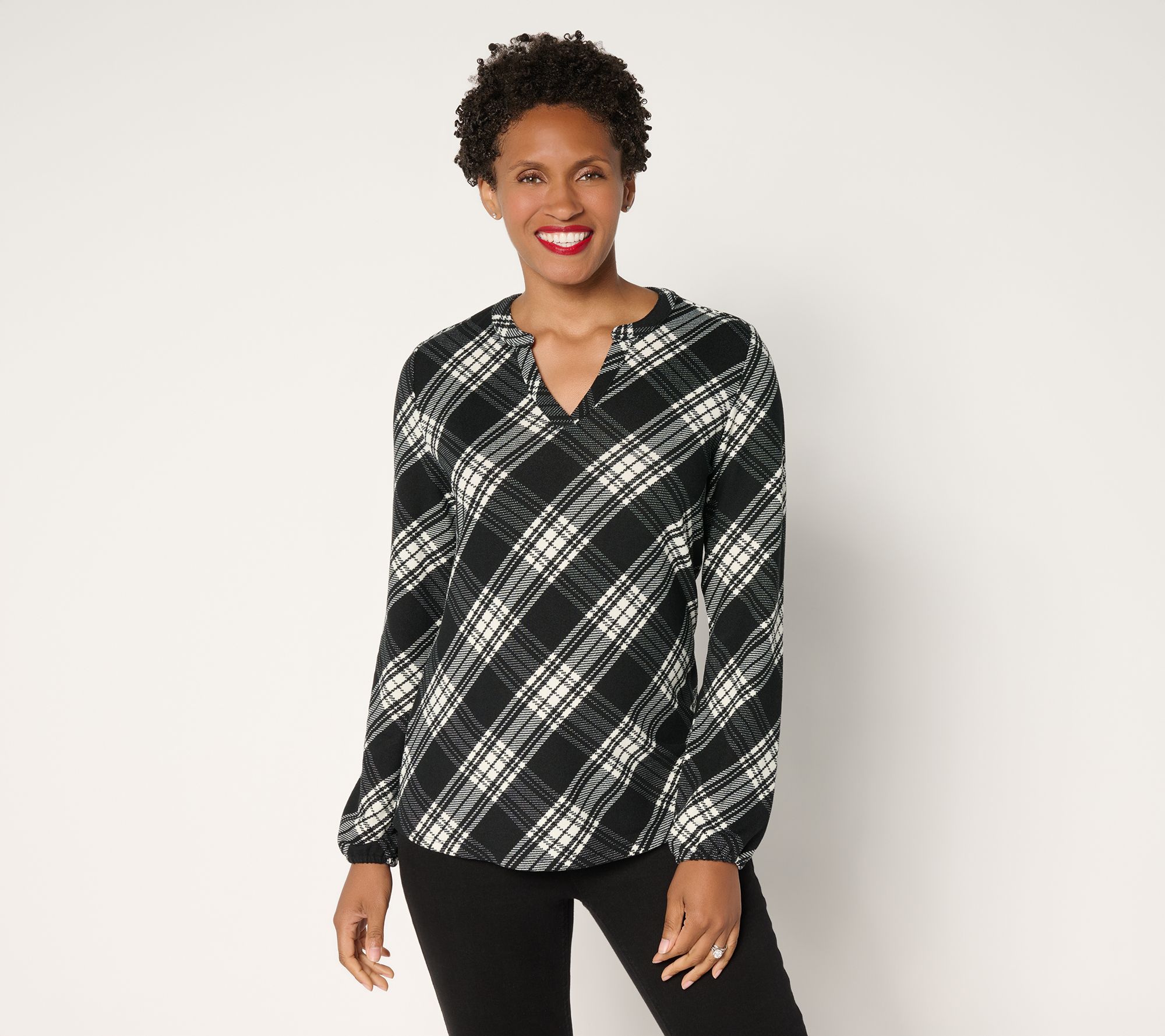 Denim & Co. Plaid Heavenly Jersey Split V-Neck Long Sleeve Top