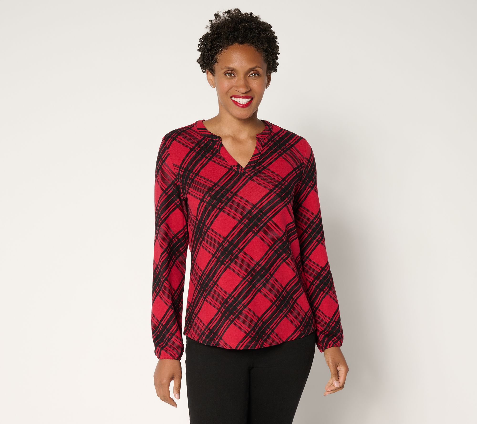 Denim & Co. Plaid Heavenly Jersey Split V-Neck Long Sleeve Top