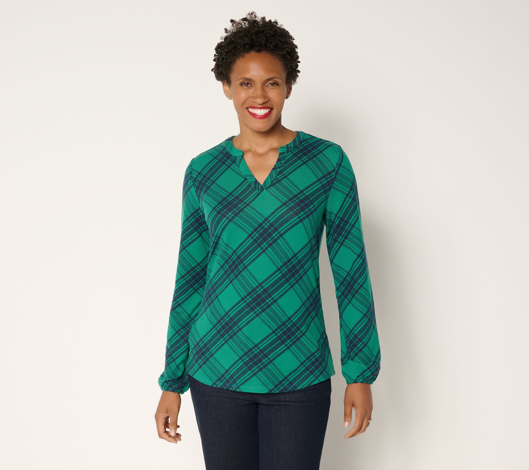 Denim & Co. Plaid Heavenly Jersey Split V-Neck Long Sleeve Top