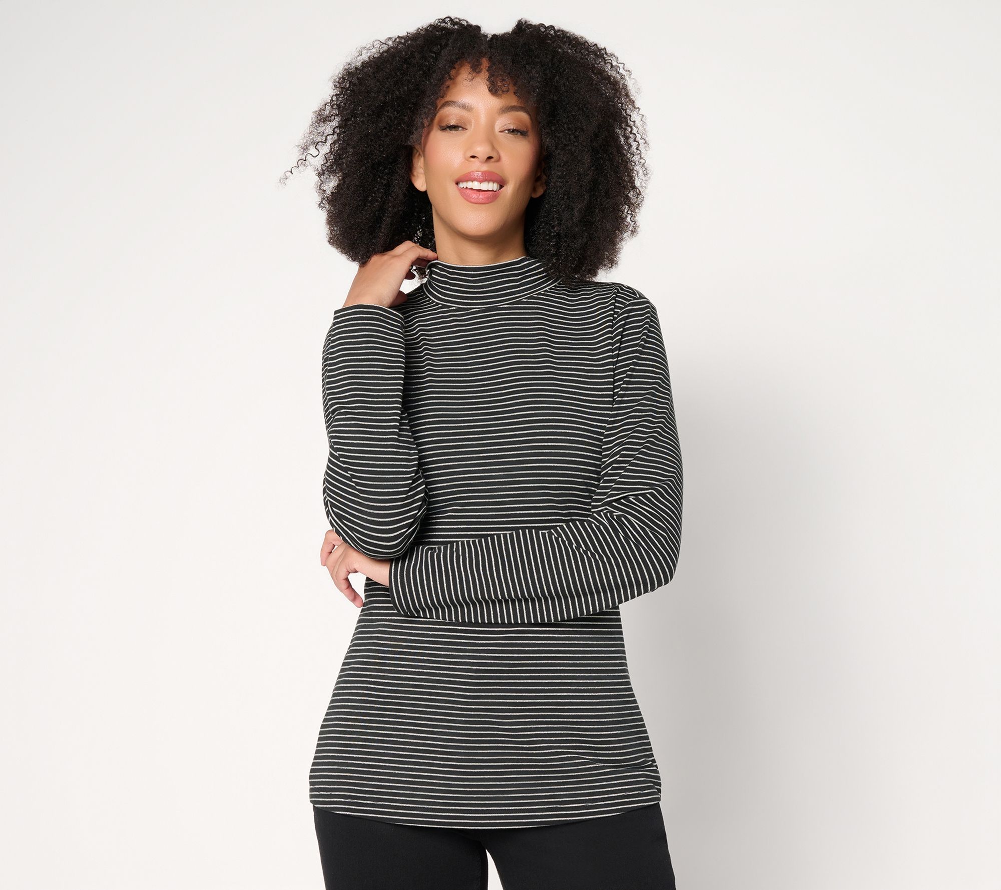 Denim & Co. Lurex Stripe Jersey Mock Neck Top