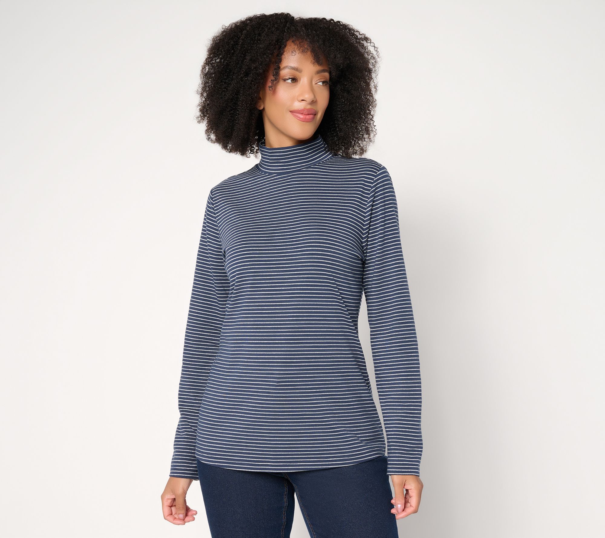 Denim & Co. Lurex Stripe Jersey Mock Neck Top