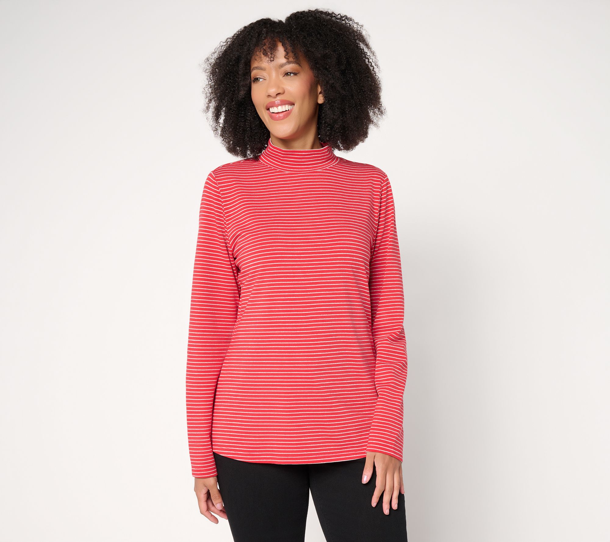 Denim & Co. Lurex Stripe Jersey Mock Neck Top