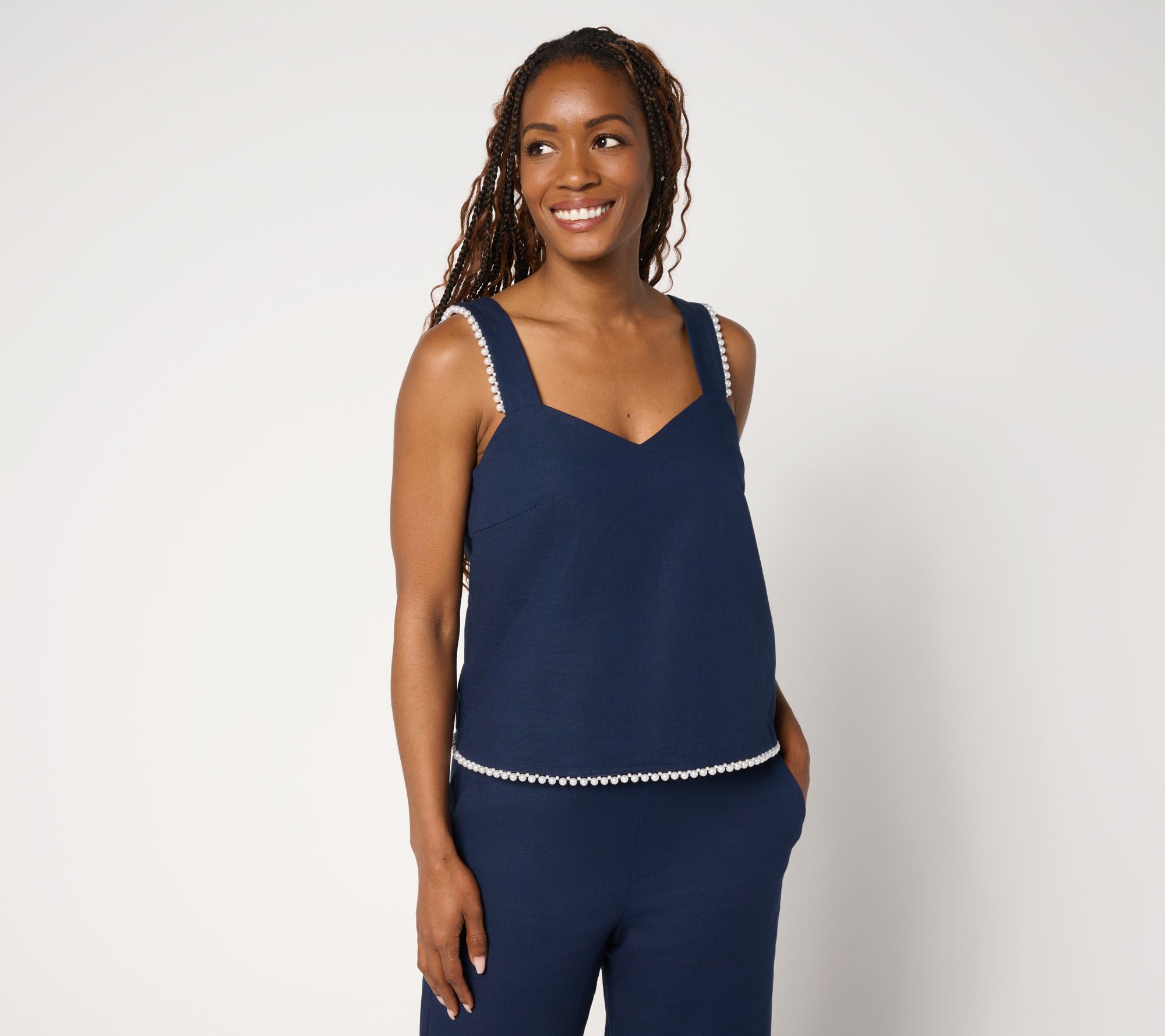 "As Is" by Stacy London Stretch Cotton Summer Tank Top with Pearl Trim