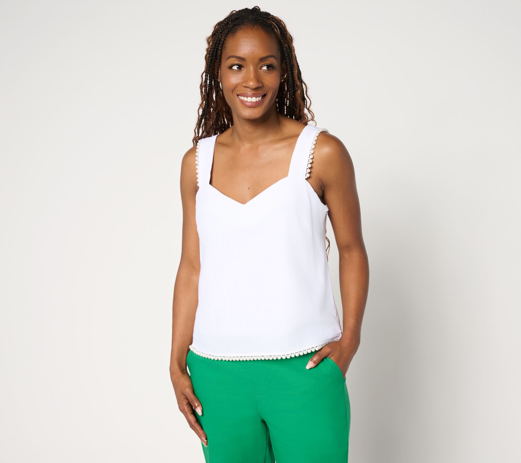 "As Is" by Stacy London Stretch Cotton Summer Tank Top with Pearl Trim
