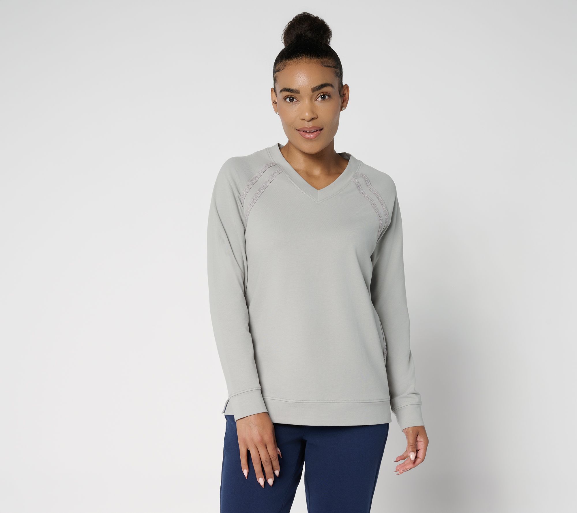 "As Is" Denim & Co. Active French Terry V-Neck Pullover with Side Trim