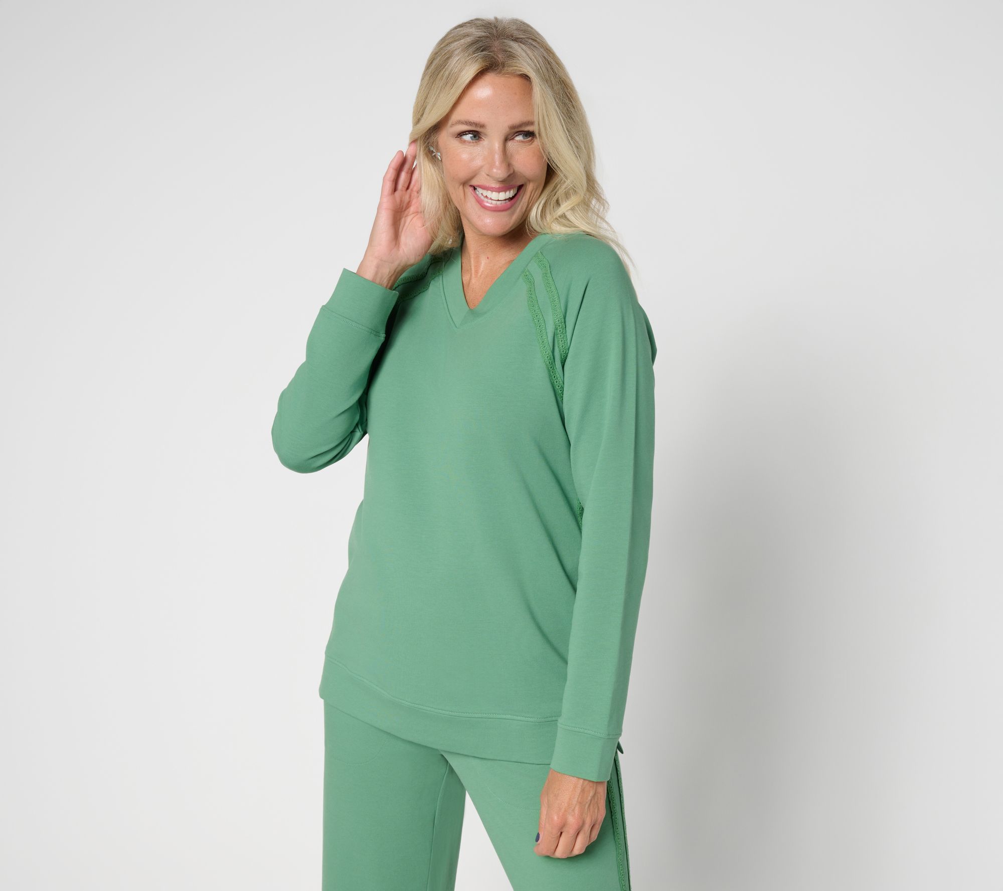 "As Is" Denim & Co. Active French Terry V-Neck Pullover with Side Trim