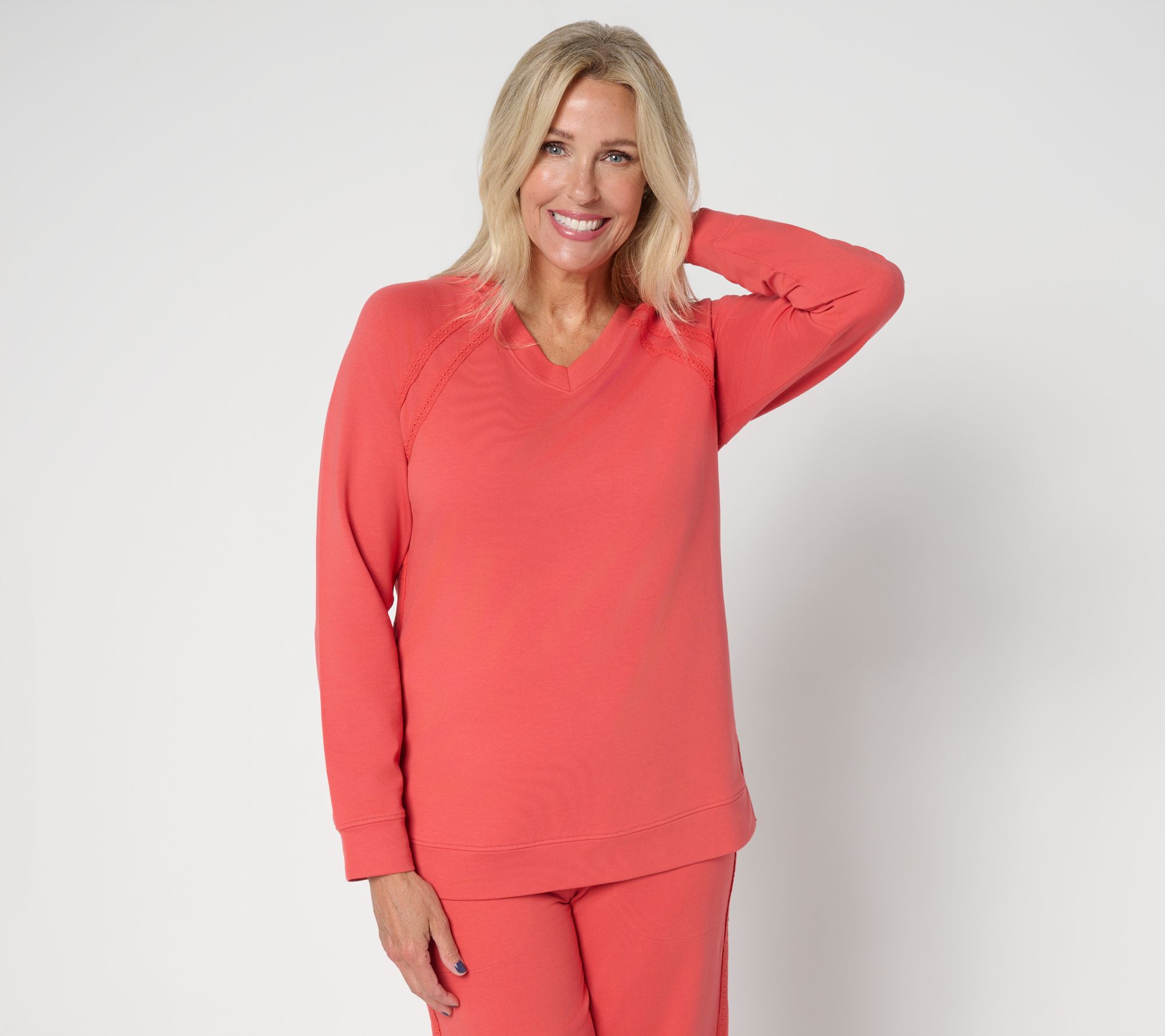 "As Is" Denim & Co. Active French Terry V-Neck Pullover with Side Trim