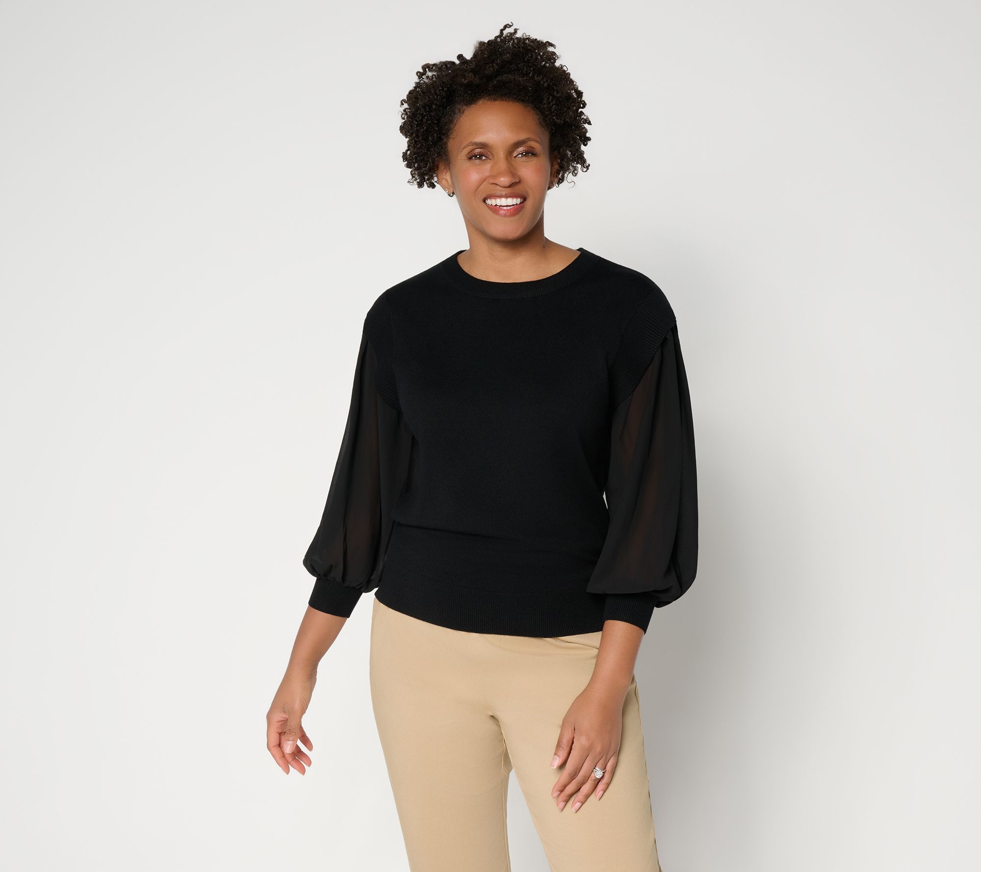 by Stacy London Crew Neck Chiffon Sleeve Sweater