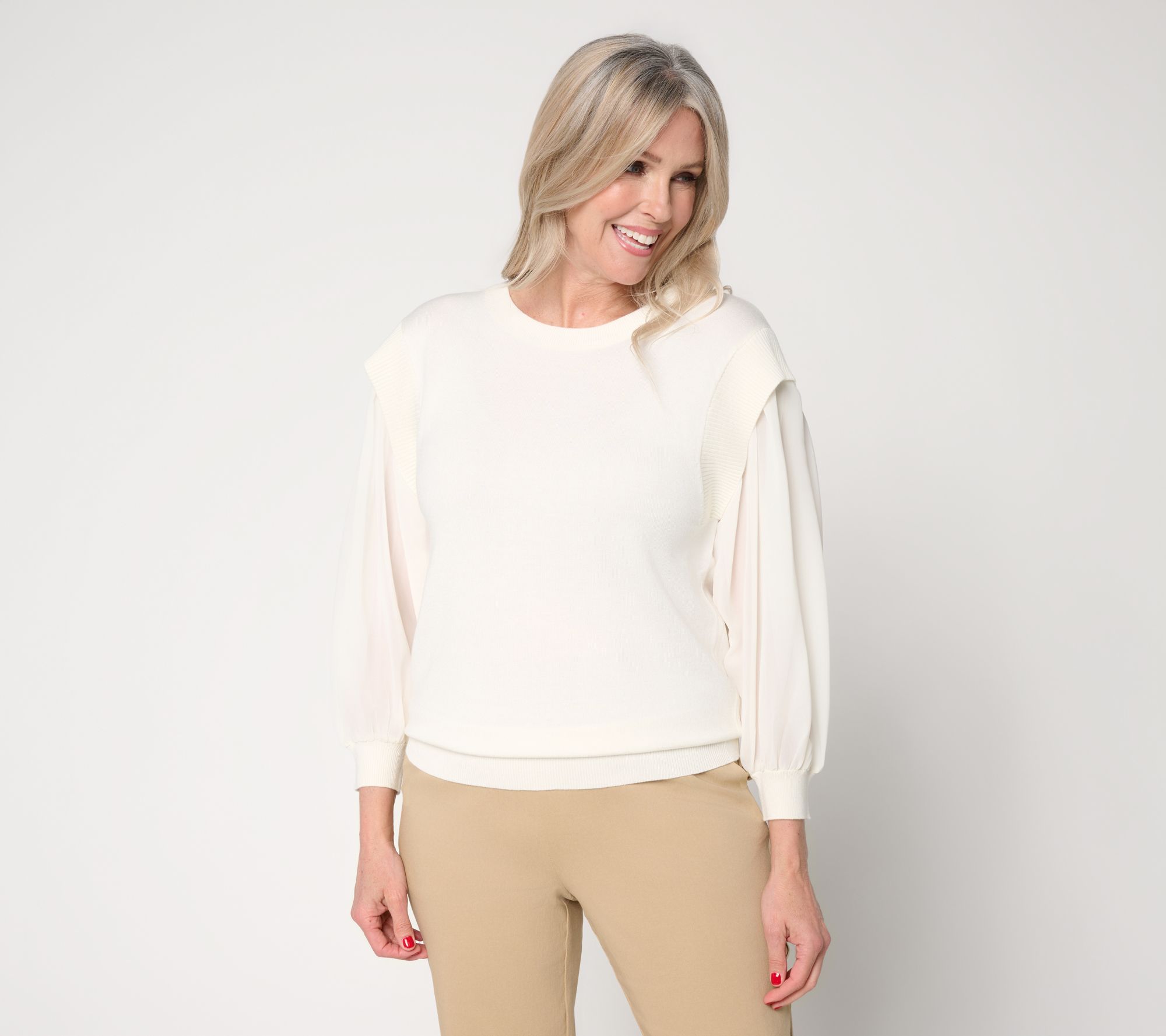 by Stacy London Crew Neck Chiffon Sleeve Sweater