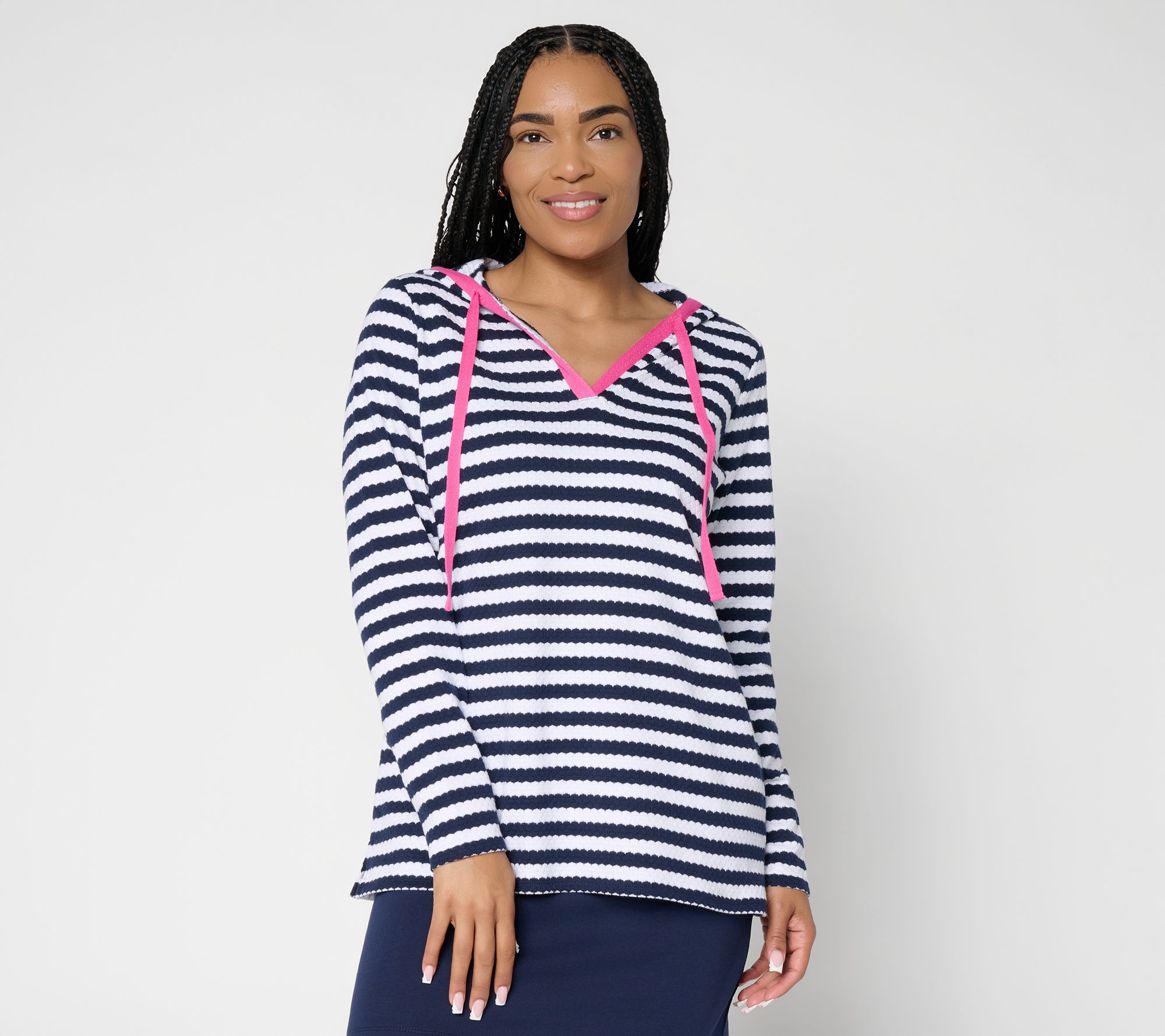 Belle Beach by Kim Gravel Nautical Knit Contrast Trim Striped Hoodie