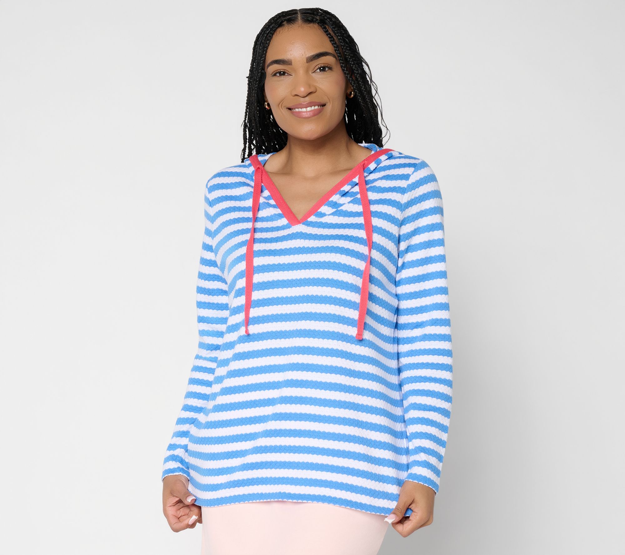Belle Beach by Kim Gravel Nautical Knit Contrast Trim Striped Hoodie