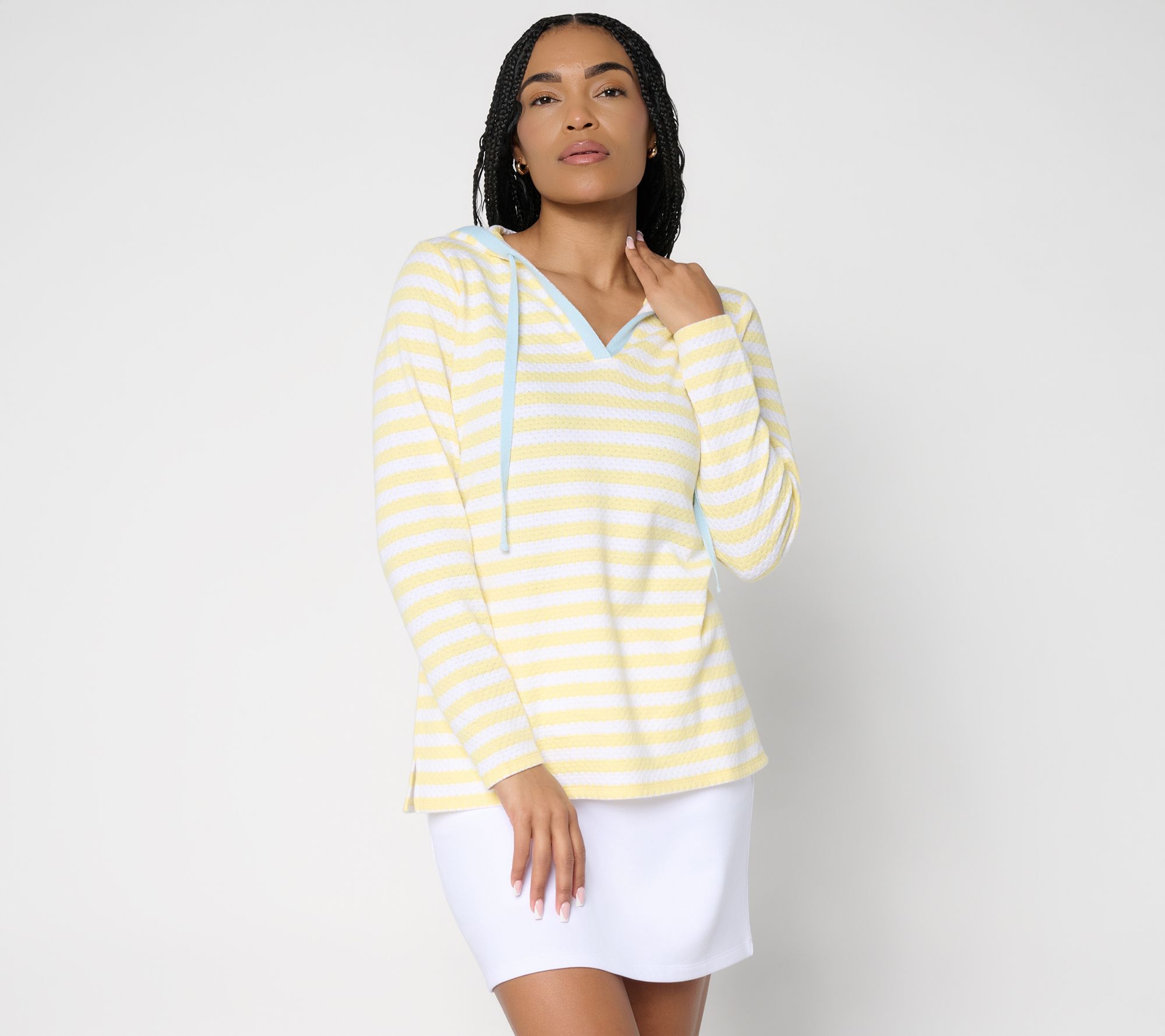 Belle Beach by Kim Gravel Nautical Knit Contrast Trim Striped Hoodie