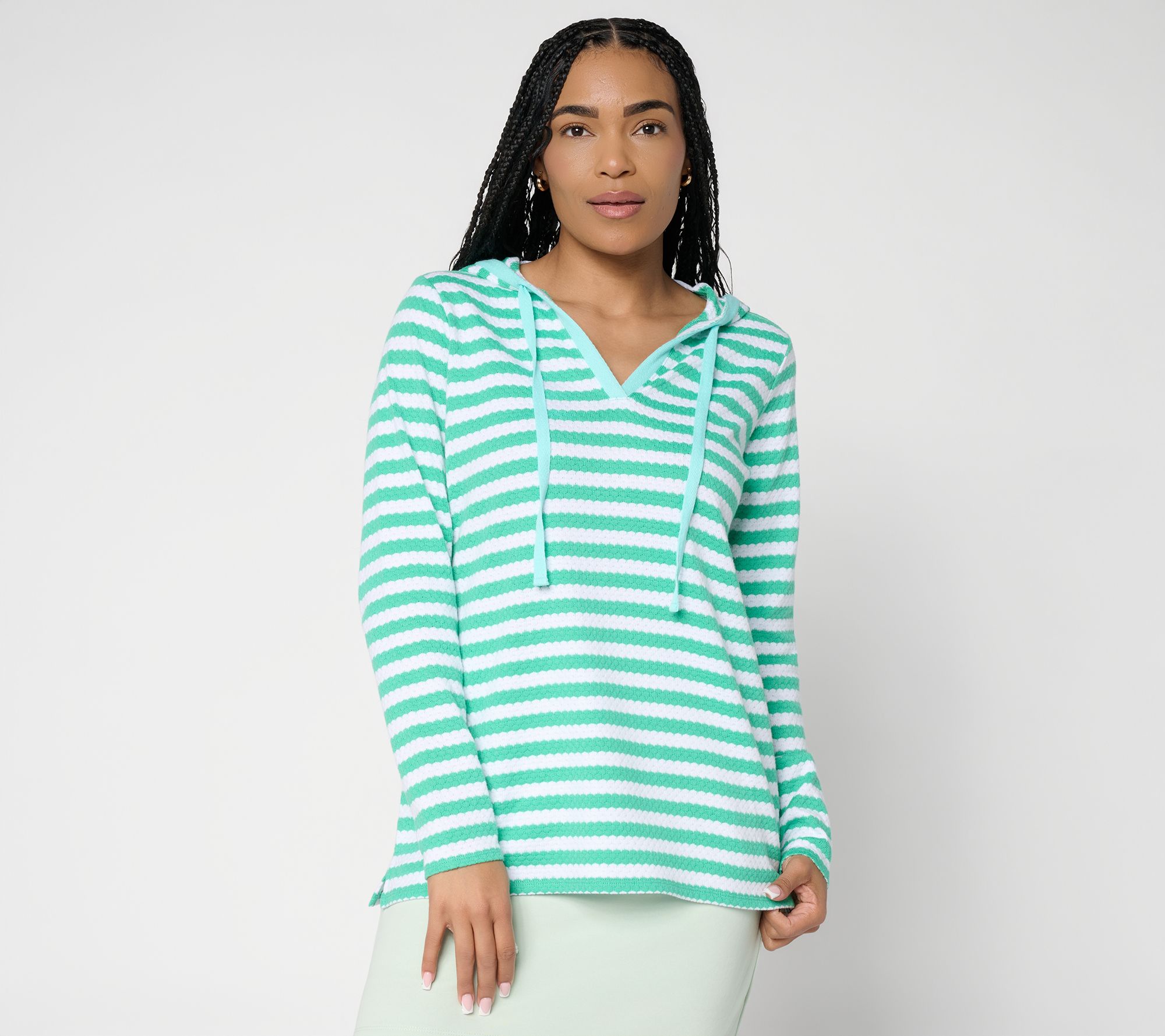 Belle Beach by Kim Gravel Nautical Knit Contrast Trim Striped Hoodie