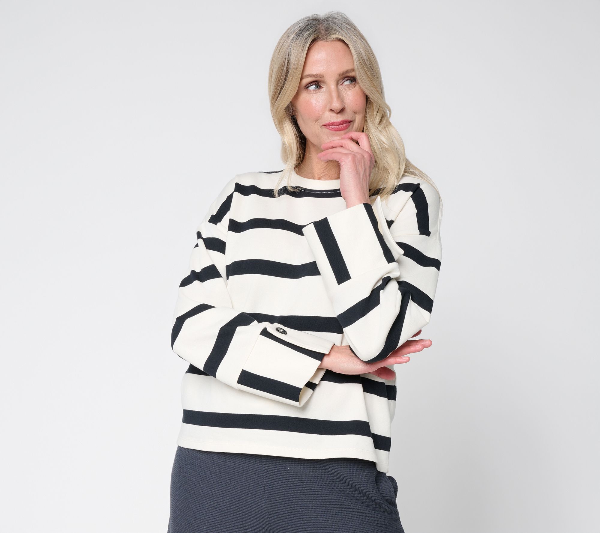 Peace Love World Striped Crew Neck Pullover with Cuff Detail
