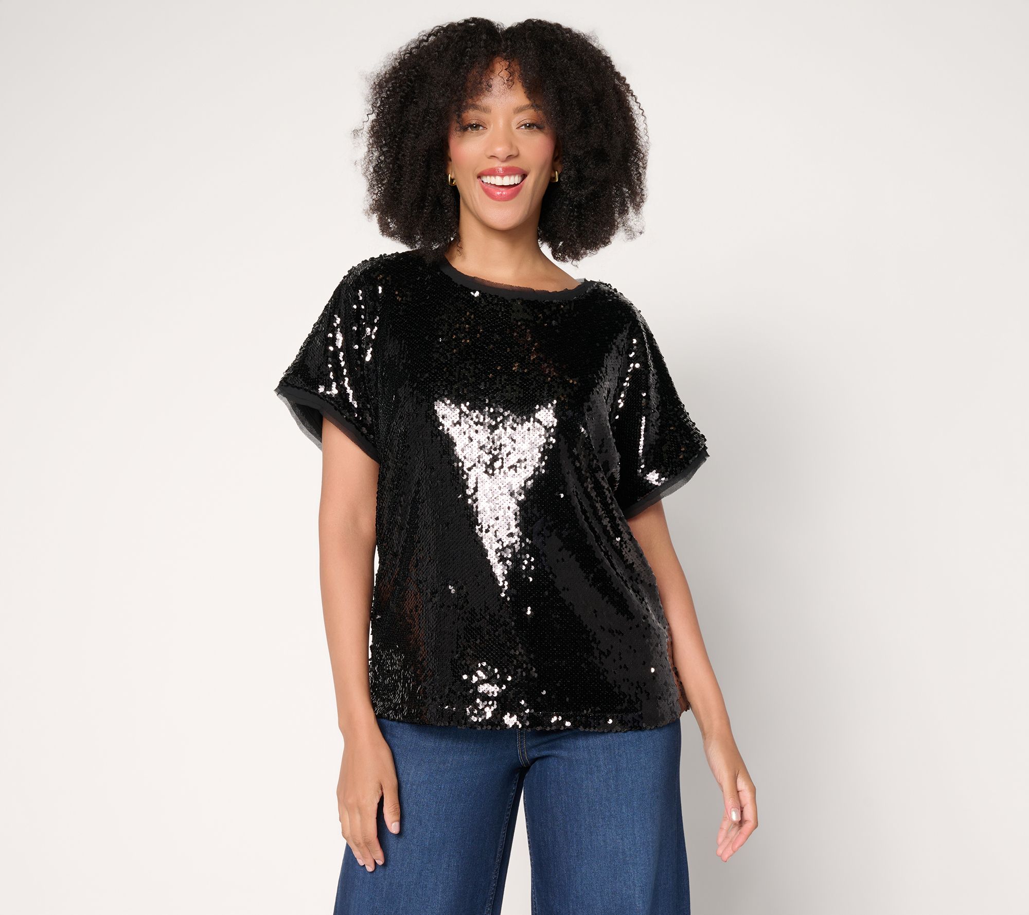 "As Is" LOGO Lavish by Lori Goldstein Short Sleeve Sequin Top