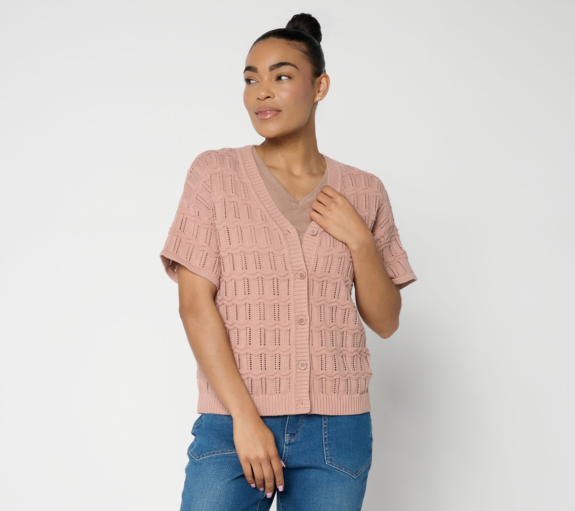 AnyBody Cotton Crochet Short Sleeve Sweater Cardigan