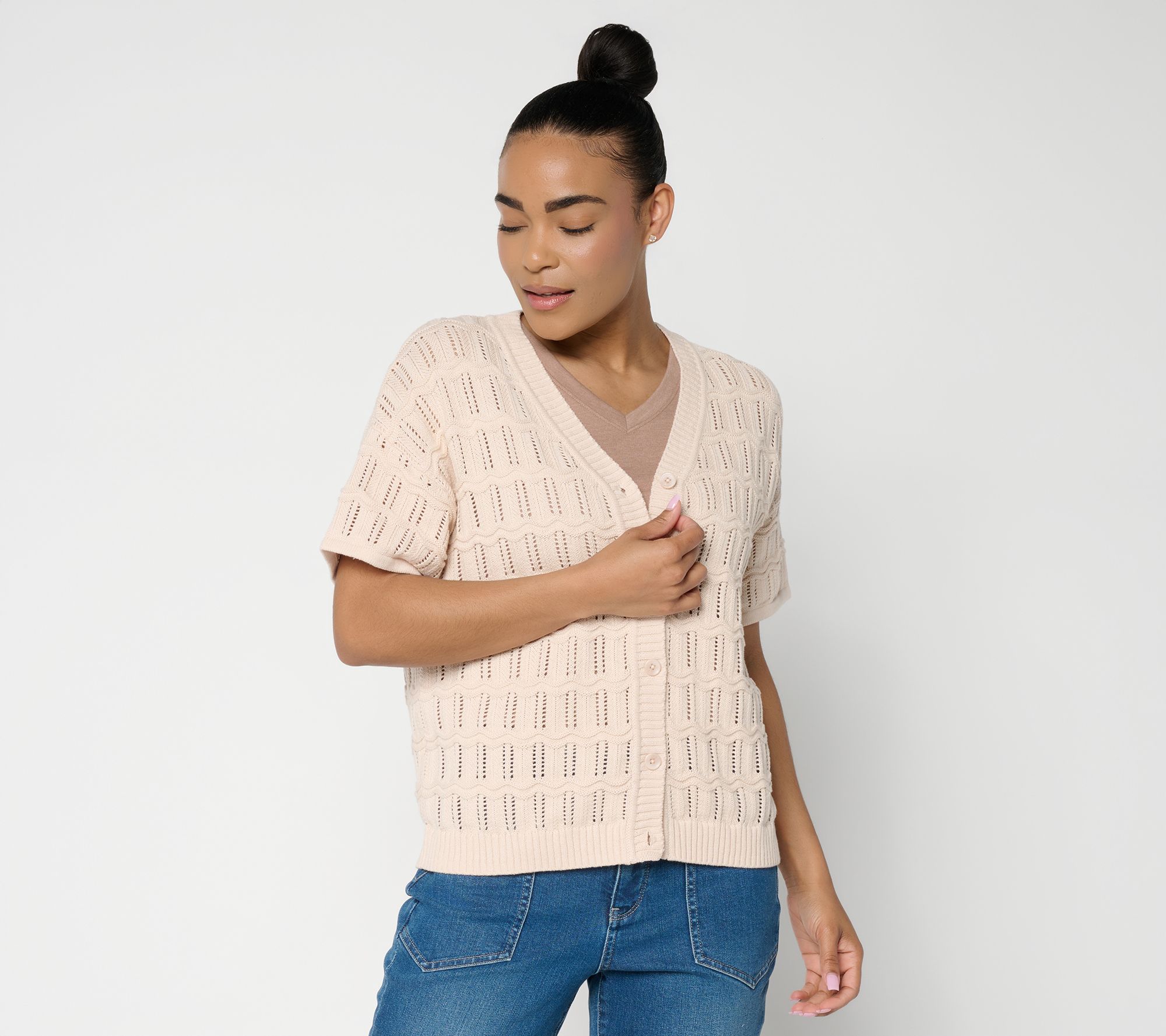 AnyBody Cotton Crochet Short Sleeve Sweater Cardigan